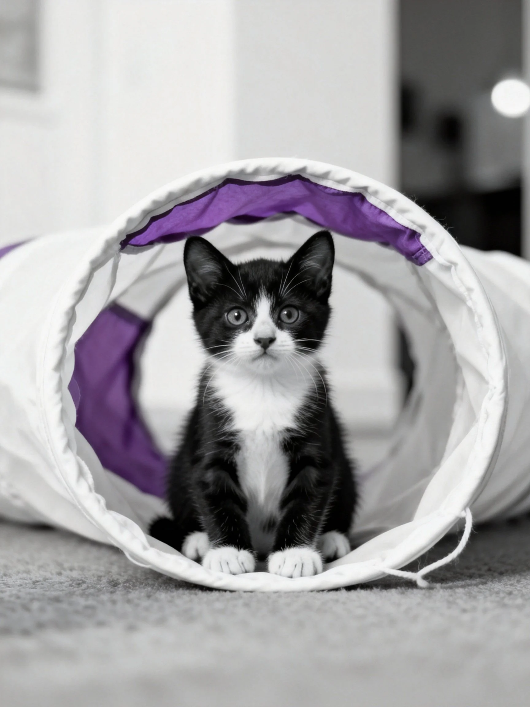 A black and white kitten sits inside a purple-lined fabric tunnel