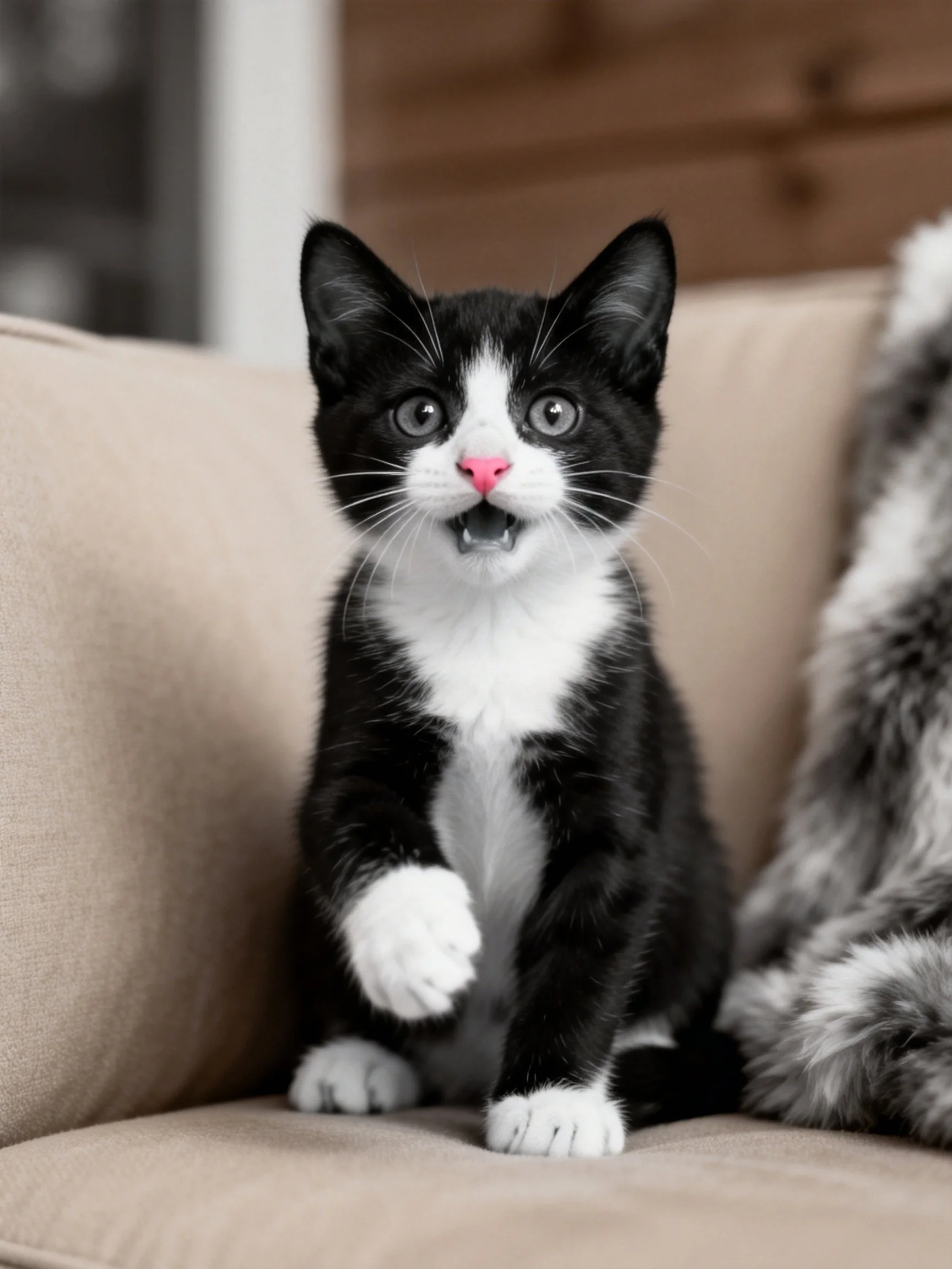 A black and white kitten sits on a beige couch near a furry pillow