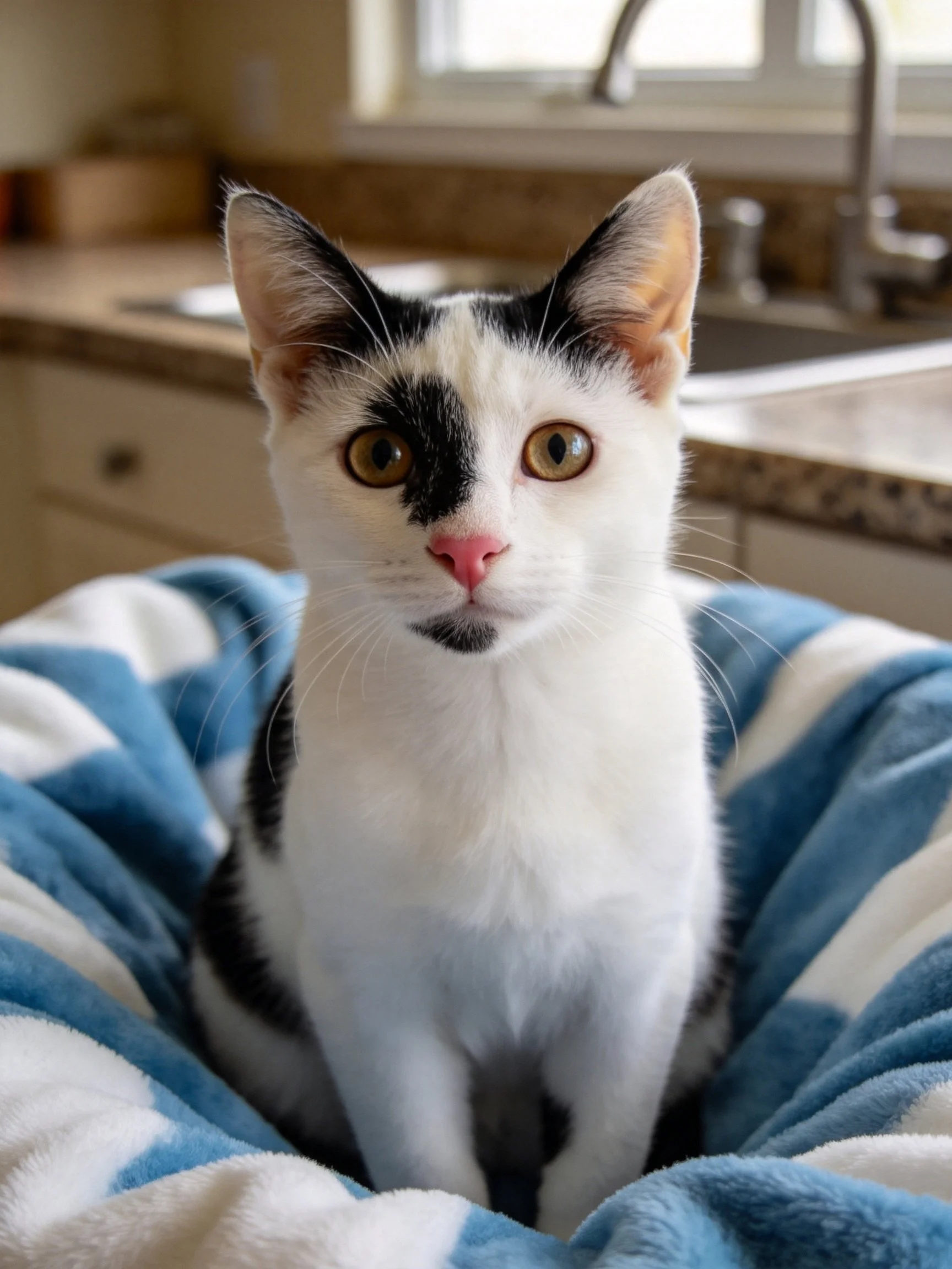 A black - and - white kitten sits on a blue - and - white striped blanket in a home kitchen