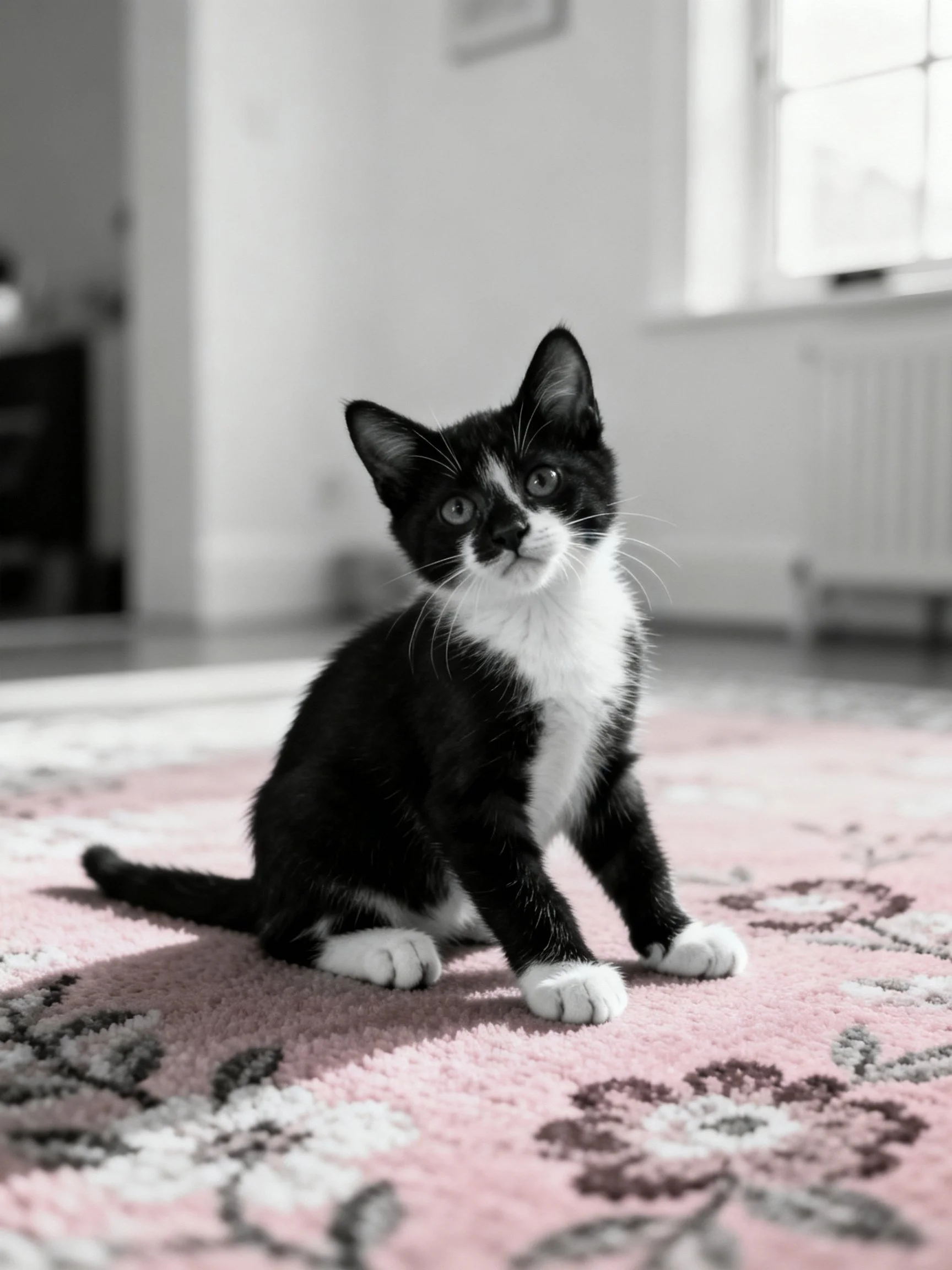 A black and white kitten sits on a pink floral rug indoors