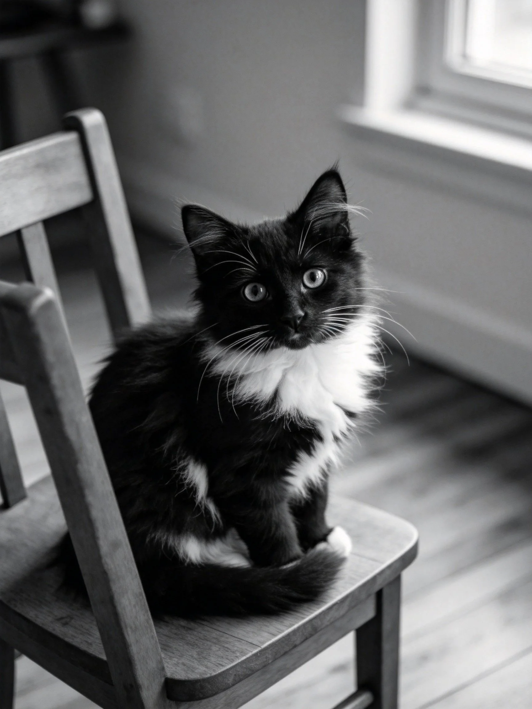 A black and white kitten sits on a wooden chair indoors