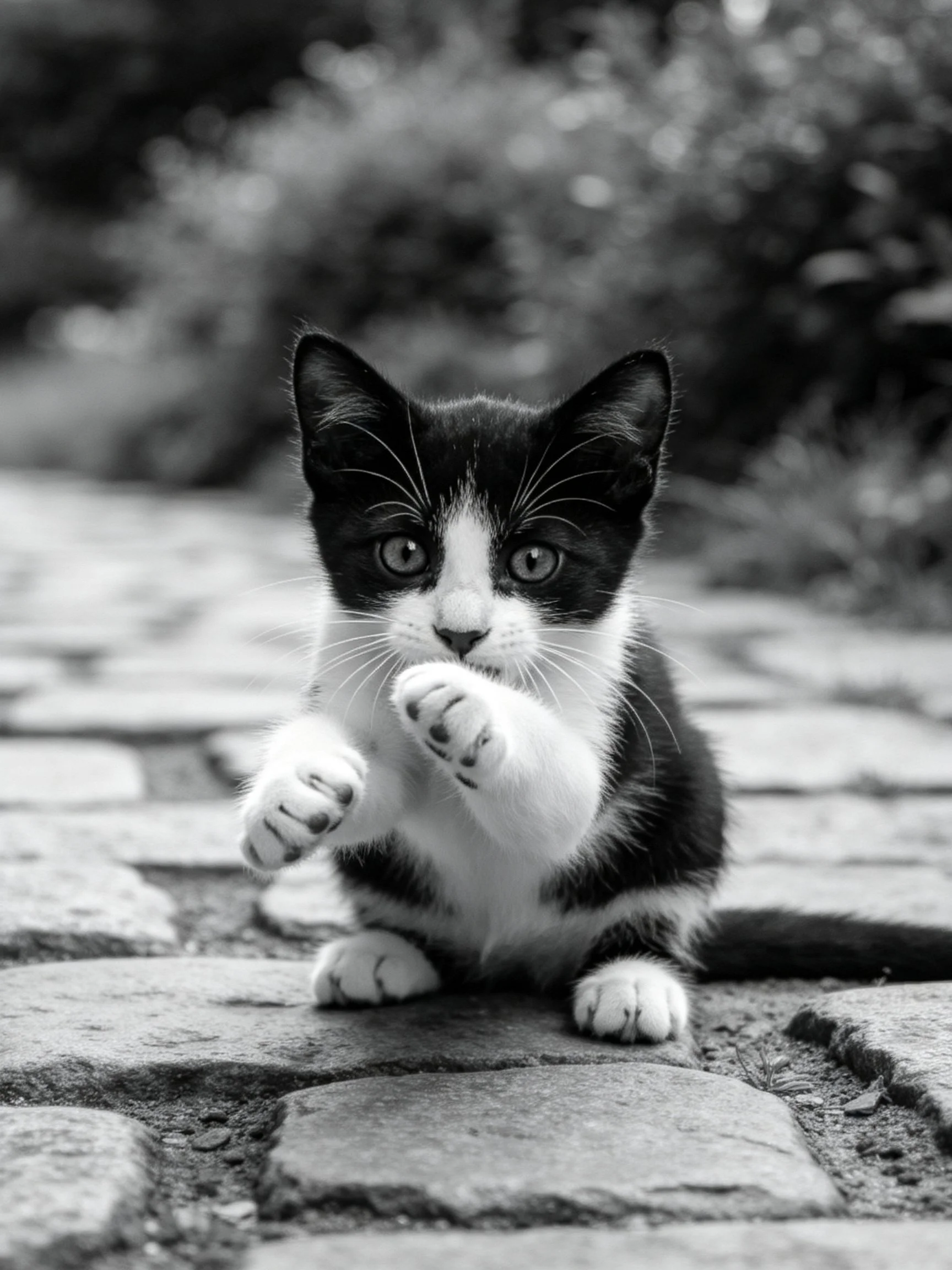 A black - and - white kitten sits on cobblestones with raised paws
