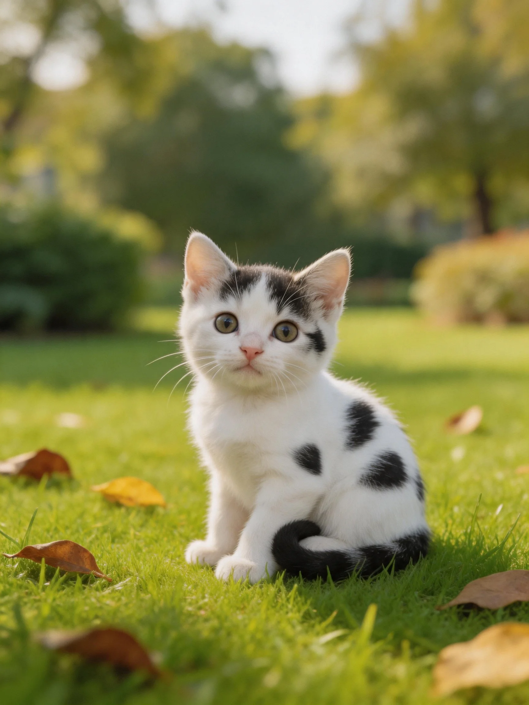 A black - and - white kitten sits on green grass among scattered autumn leaves