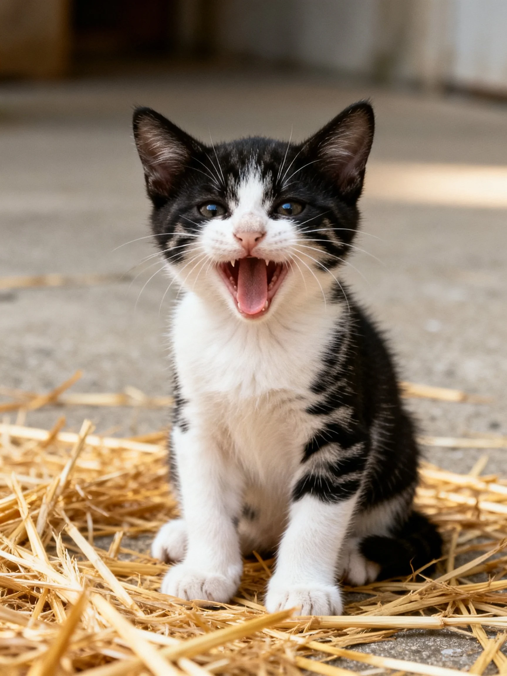A black and white kitten sits on straw with mouth open