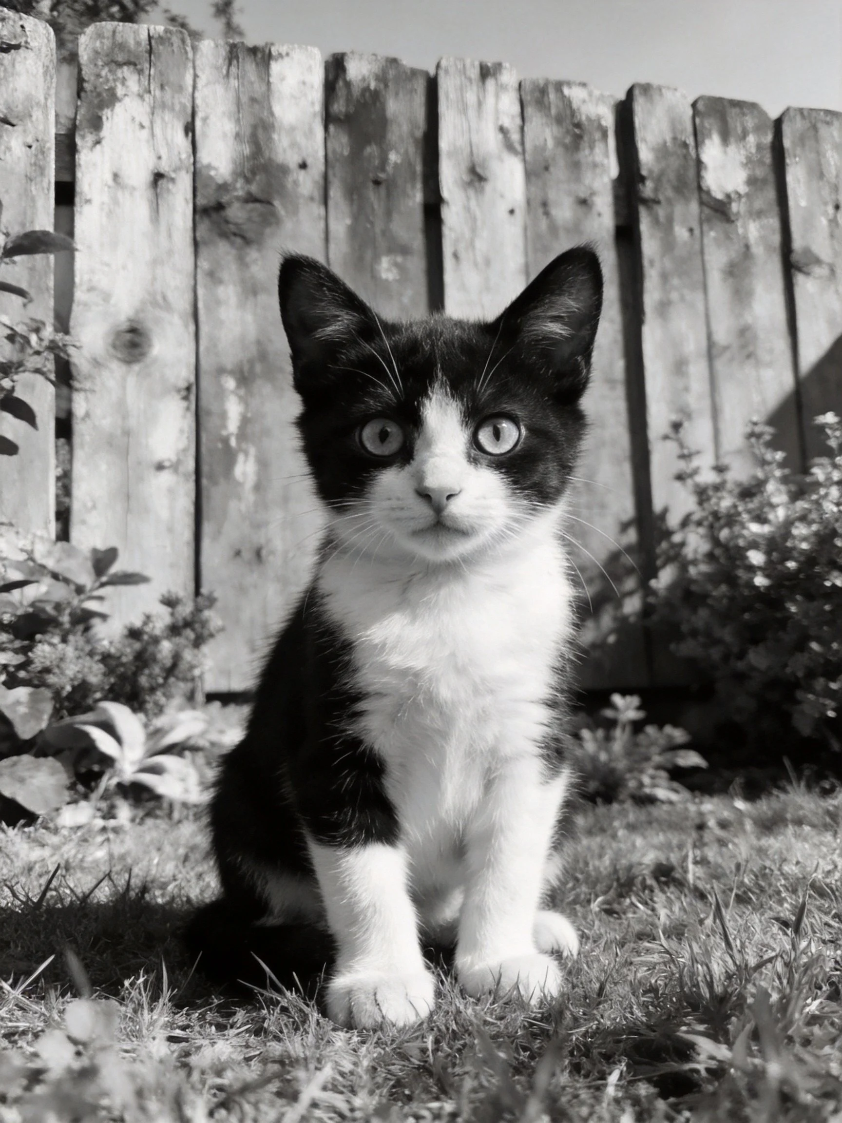 A black - and - white kitten sitting near an aged wooden fence