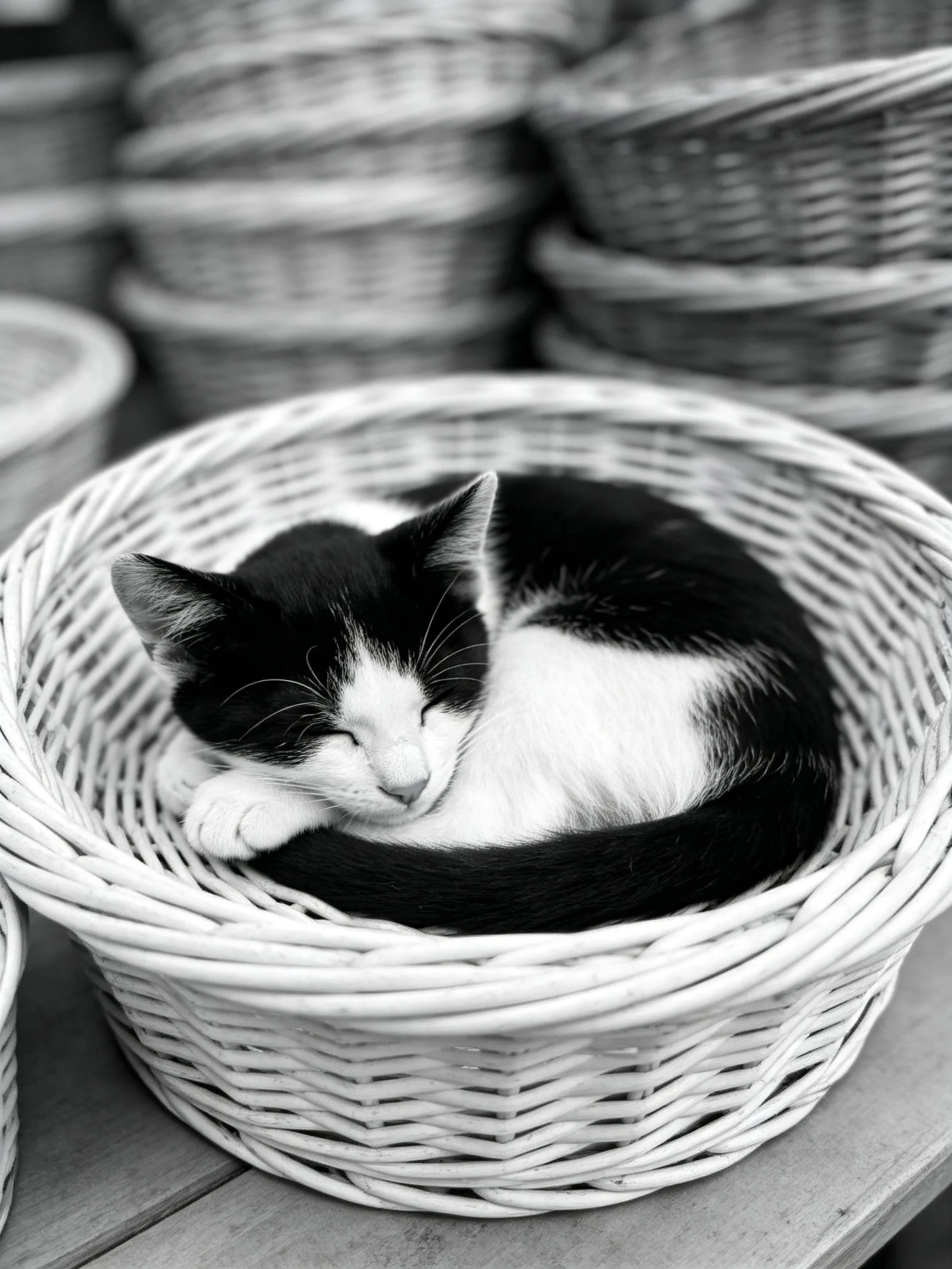 A black and white kitten sleeps in a woven basket amid stacked baskets