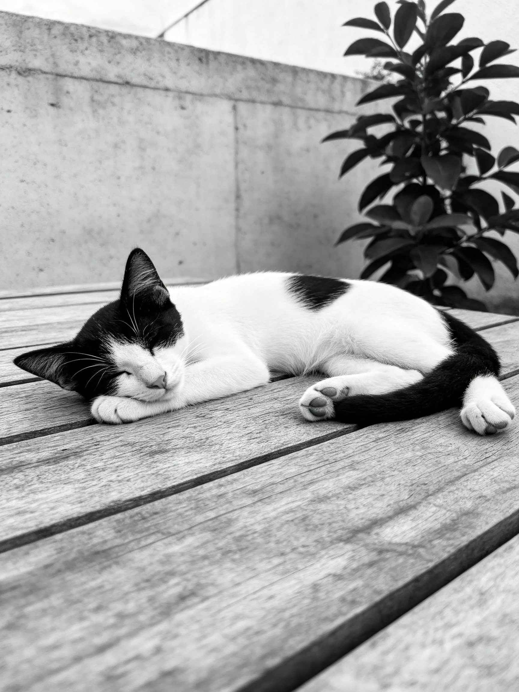 A black - and - white kitten sleeps on wooden planks near a leafy plant