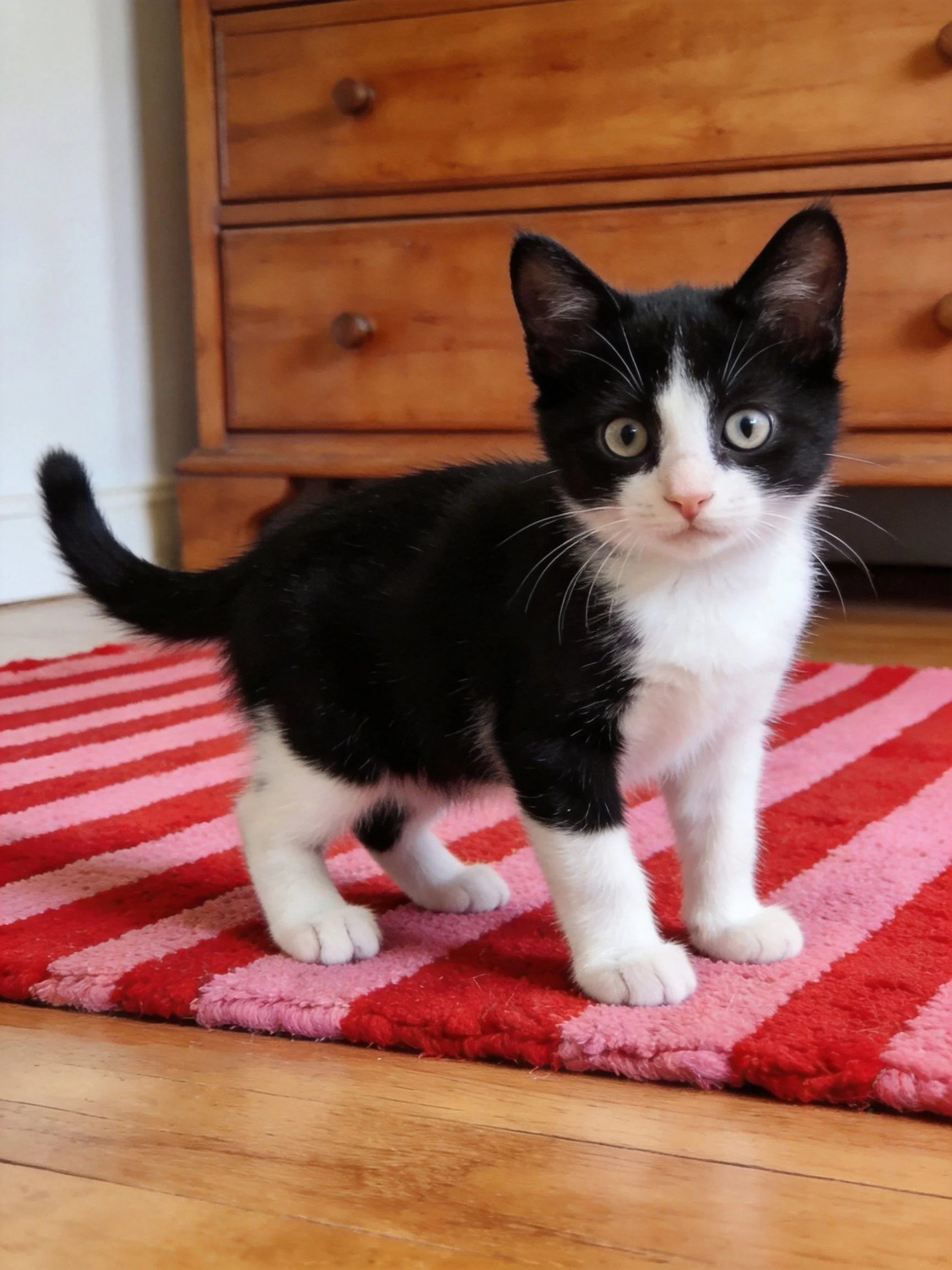 A black - and - white kitten stands on a red and pink striped rug near a wooden dresser