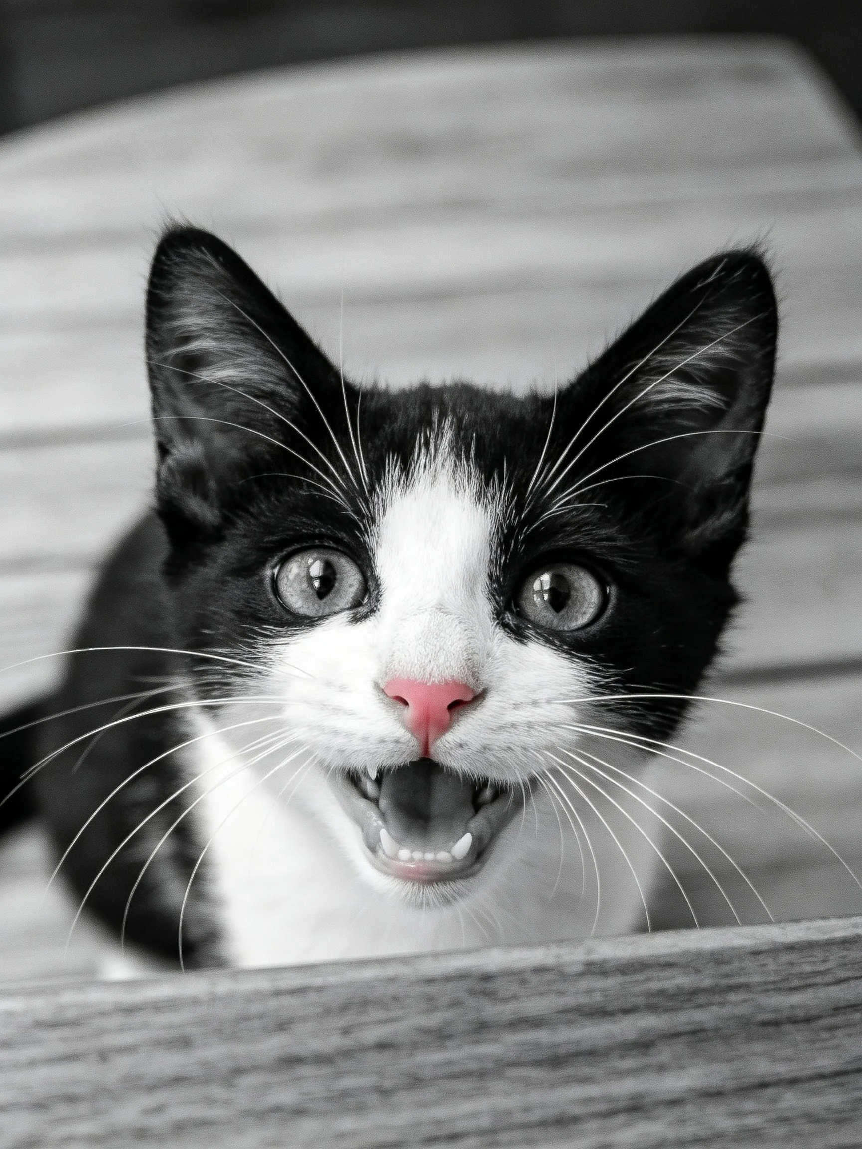 A black and white kitten with a pink nose peers over a wooden surface