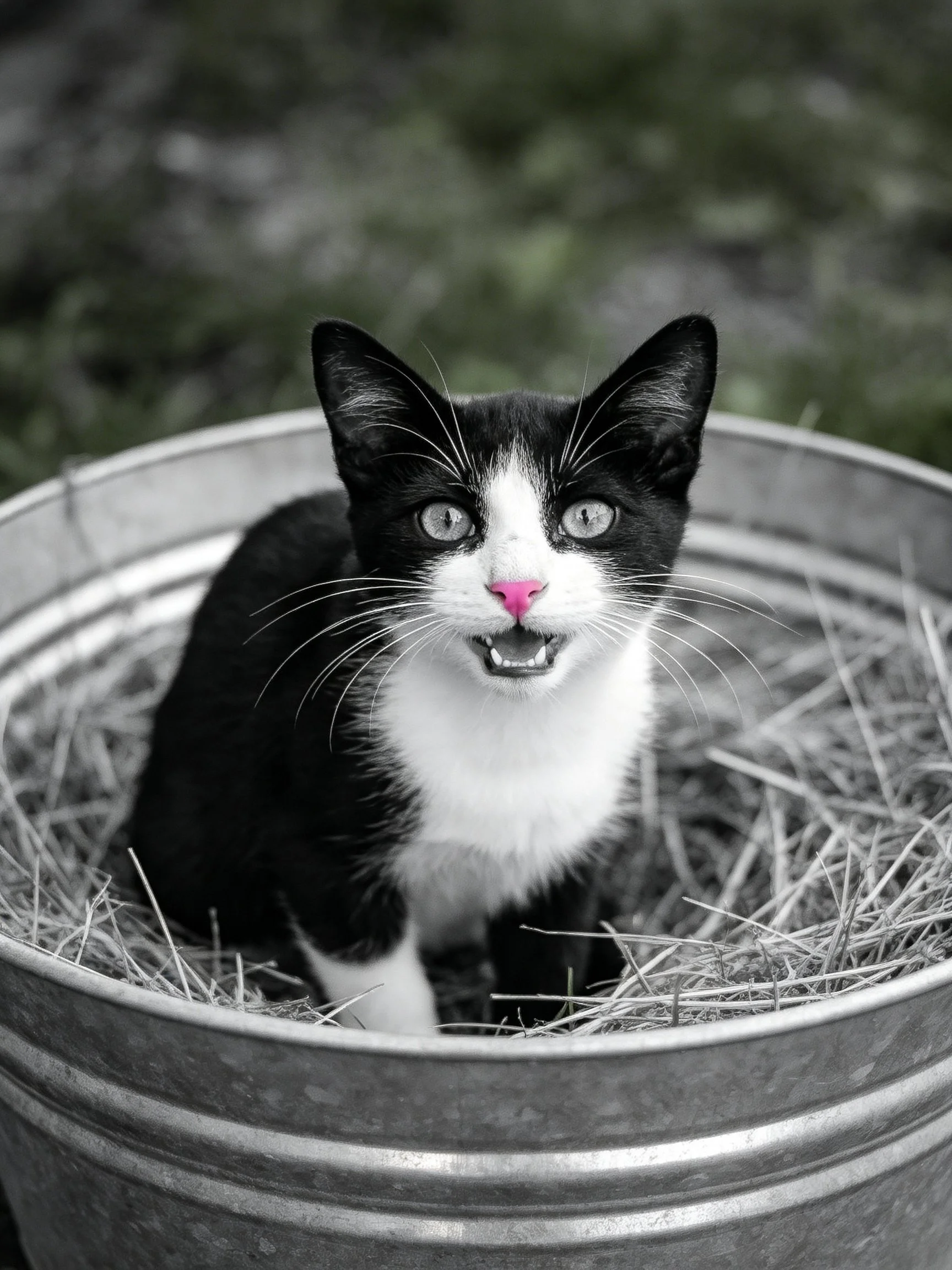 A black and white kitten with a pink nose sits in a metal bucket of hay
