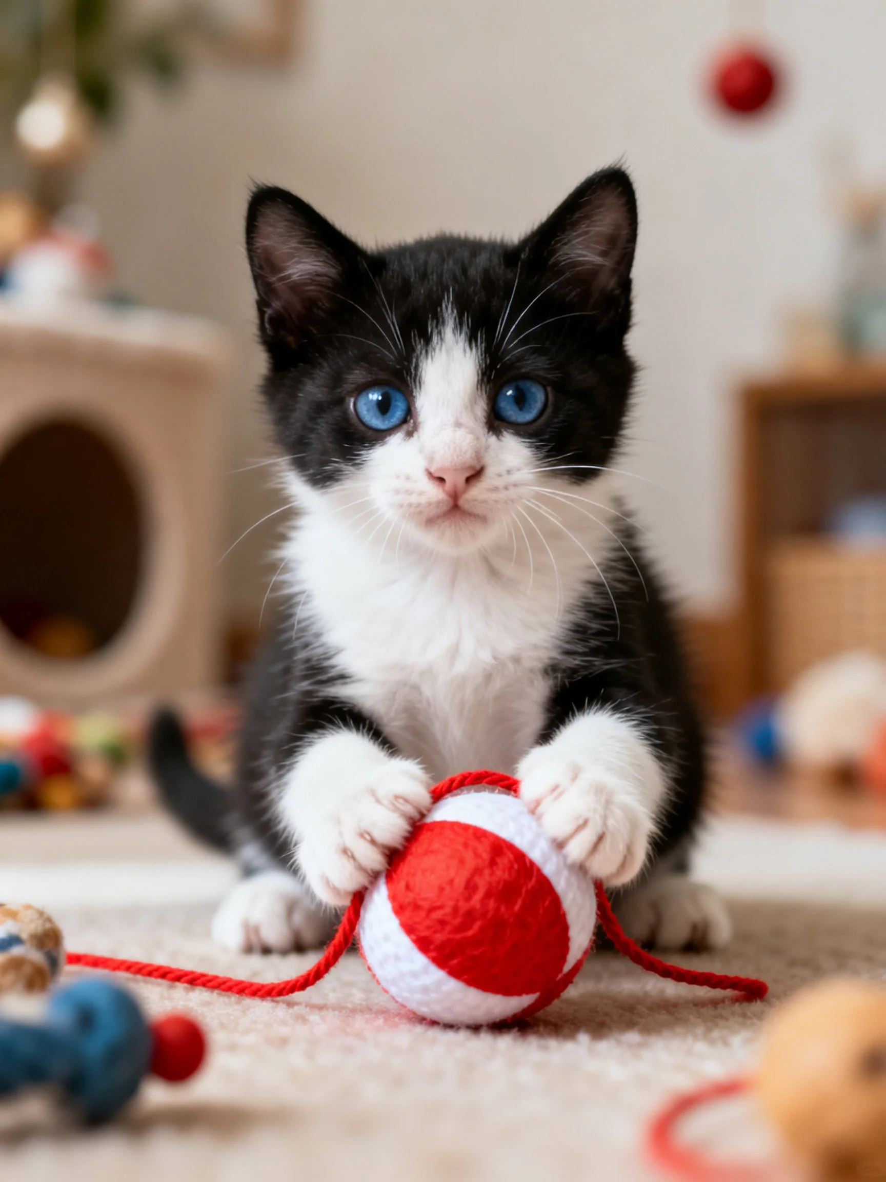 A black - and - white kitten with blue eyes plays with a red - and - white ball near toys.