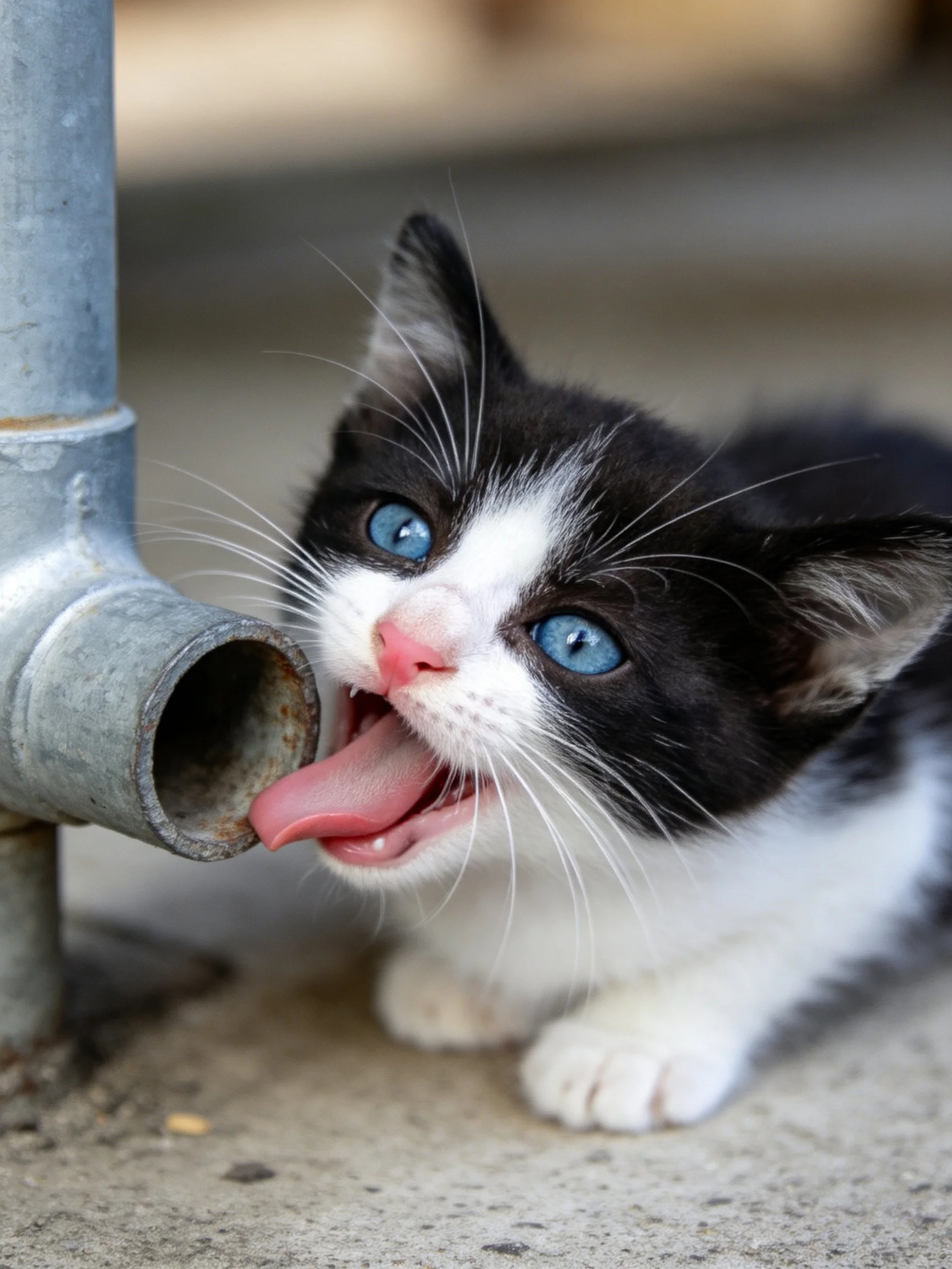 A black-and-white kitten with bright blue eyes drinks from a rusty metal pipe