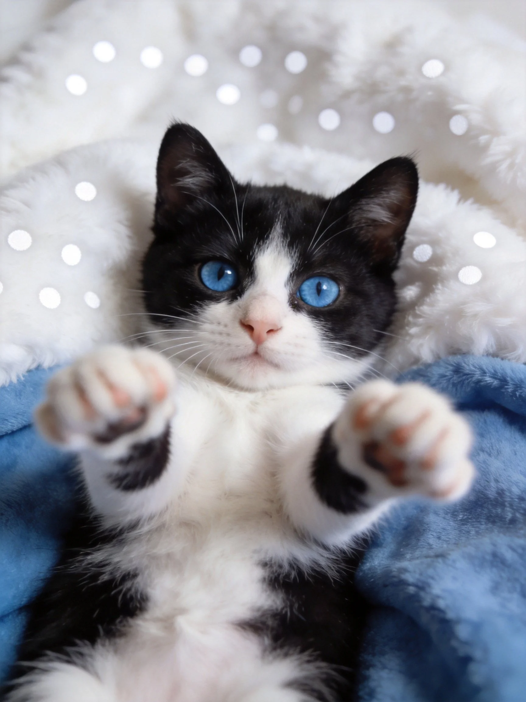 A black and white kitten with bright blue eyes on soft blankets
