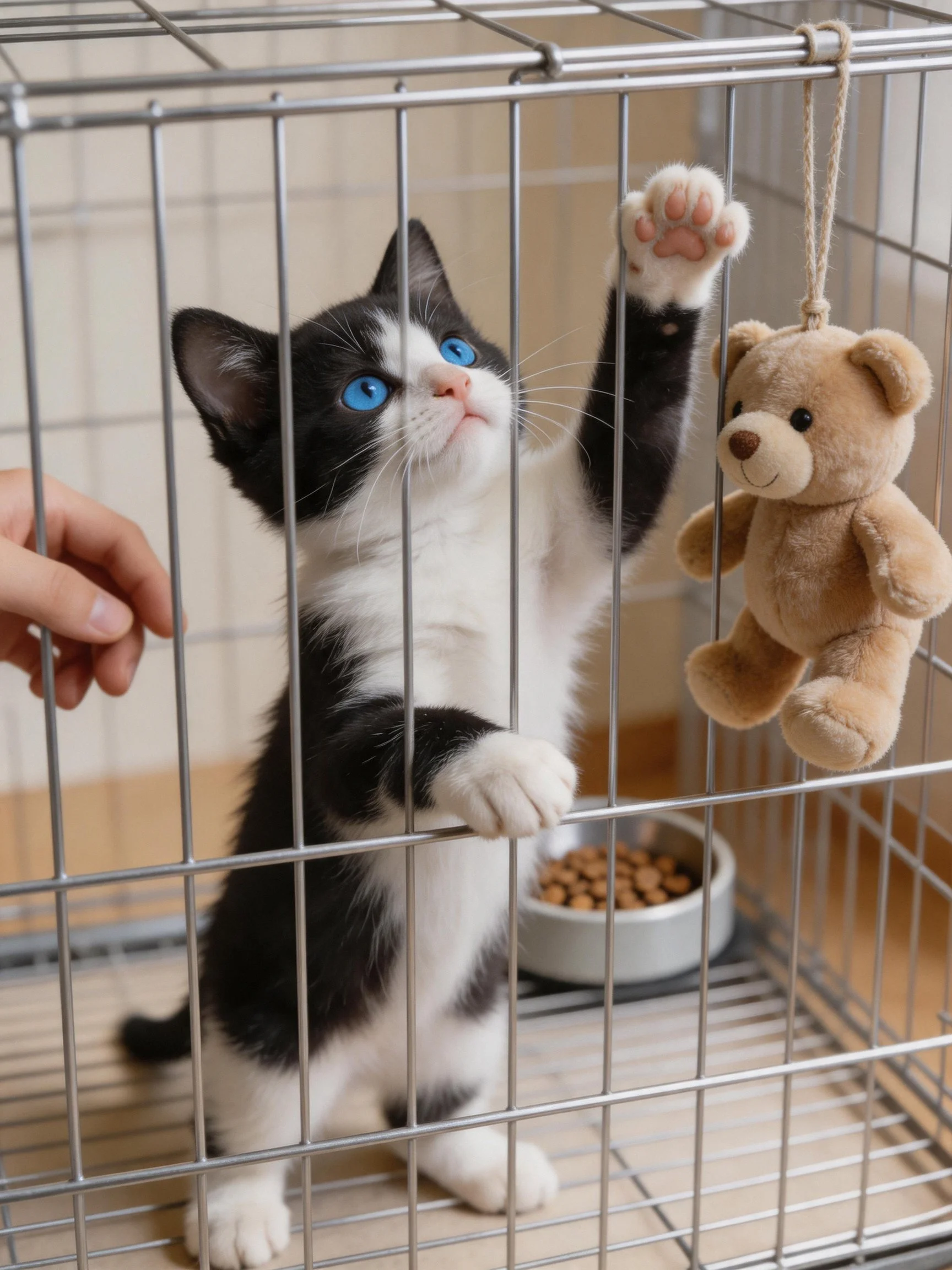 A black and white kitten with bright blue eyes reaches for a brown teddy bear inside a metal cage