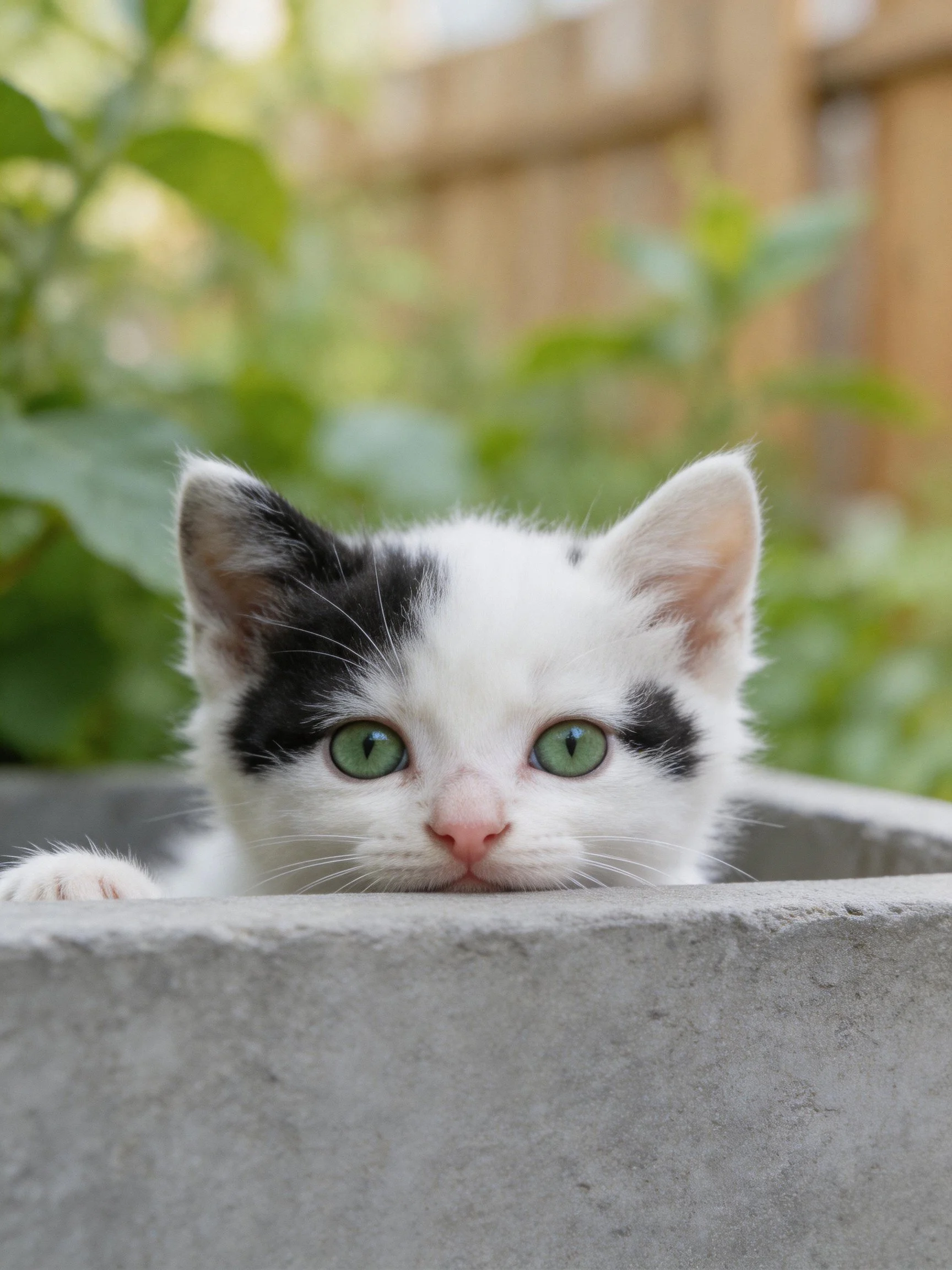 A black - and - white kitten with green eyes peeks from a concrete container outdoors