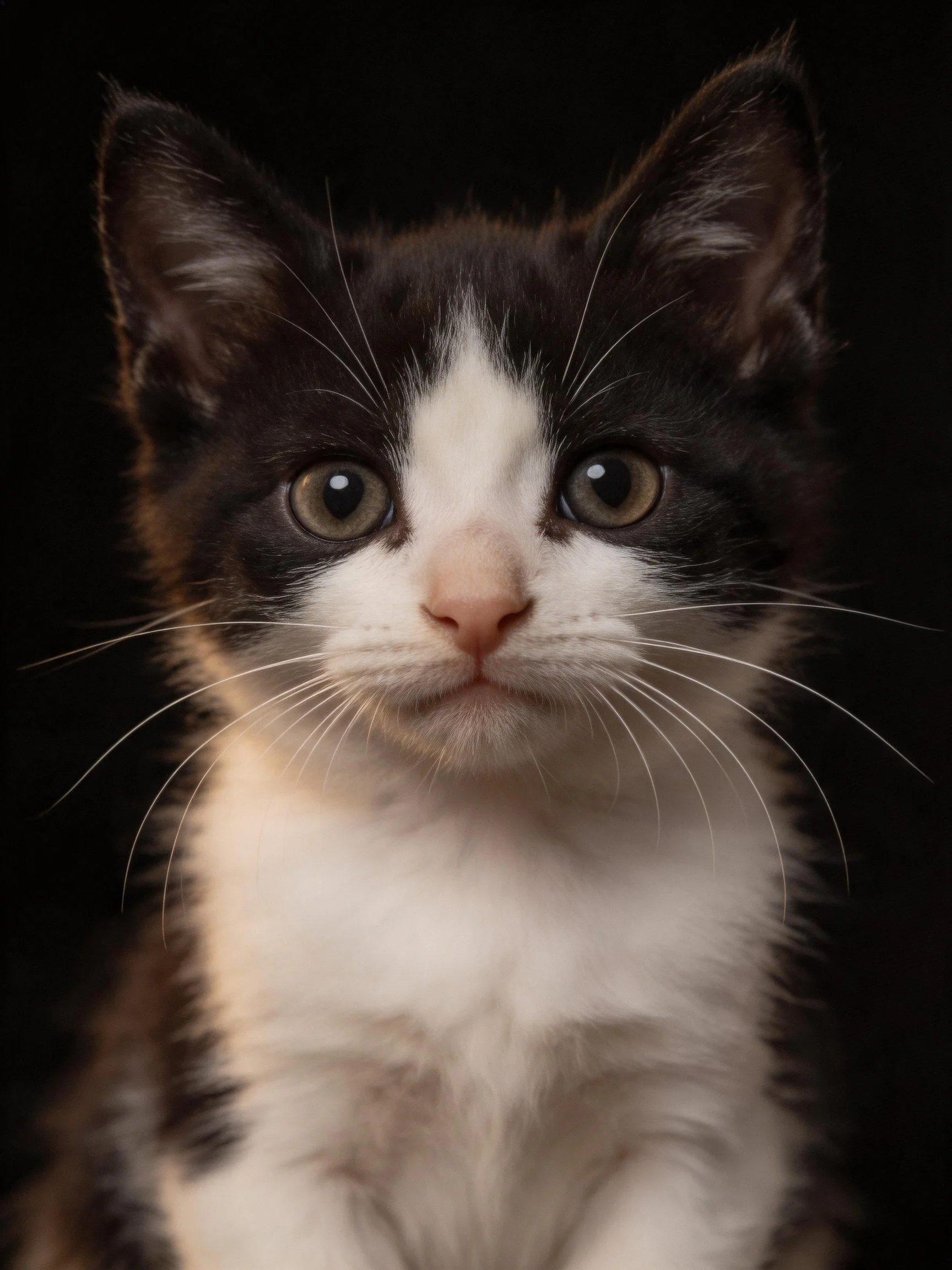 A black and white kitten with large green eyes against a dark backdrop