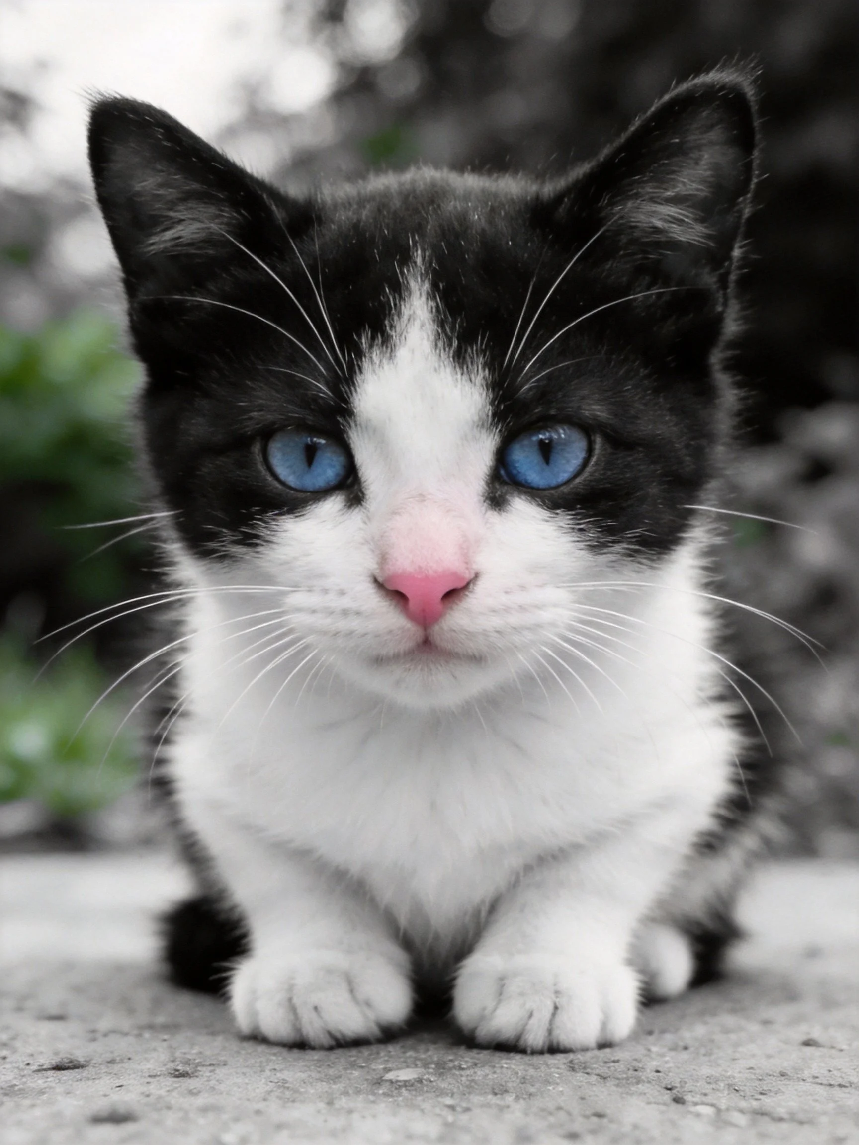 A black - and - white kitten with striking blue eyes