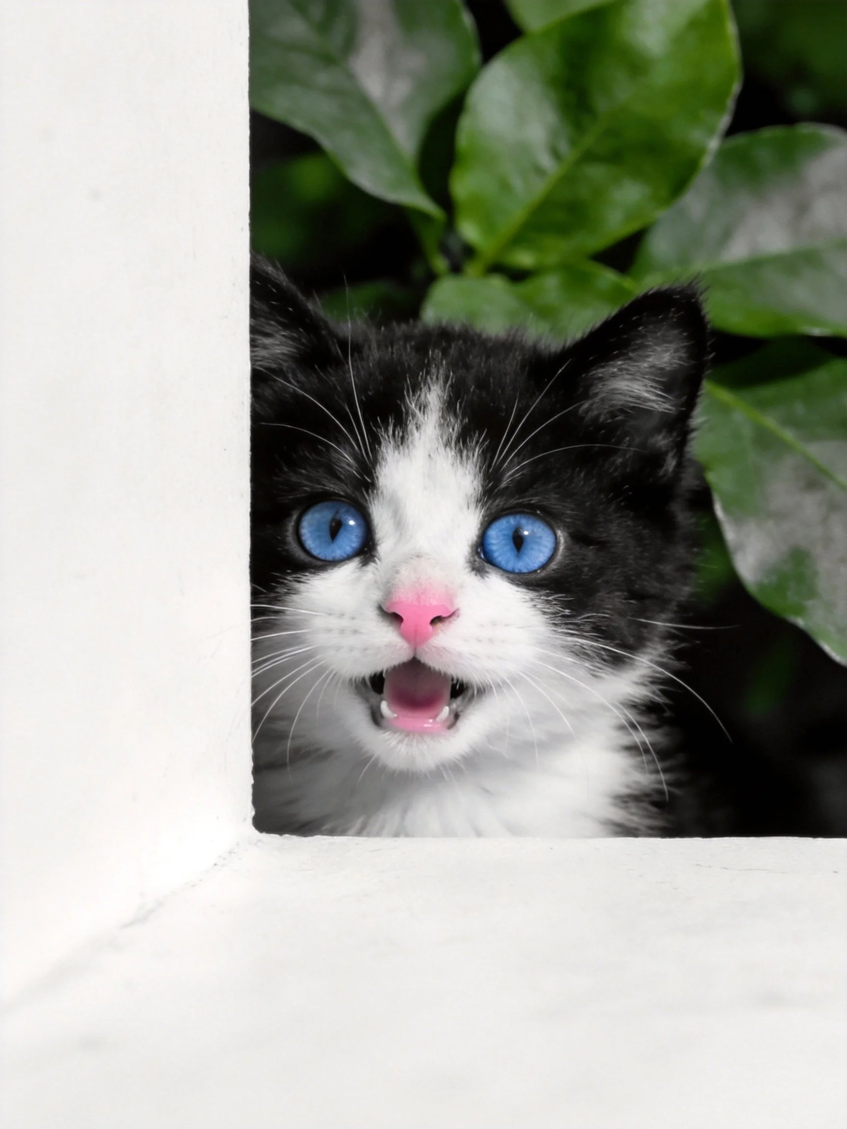 A black - and - white kitten with vivid blue eyes peeks from a white frame amid green leaves