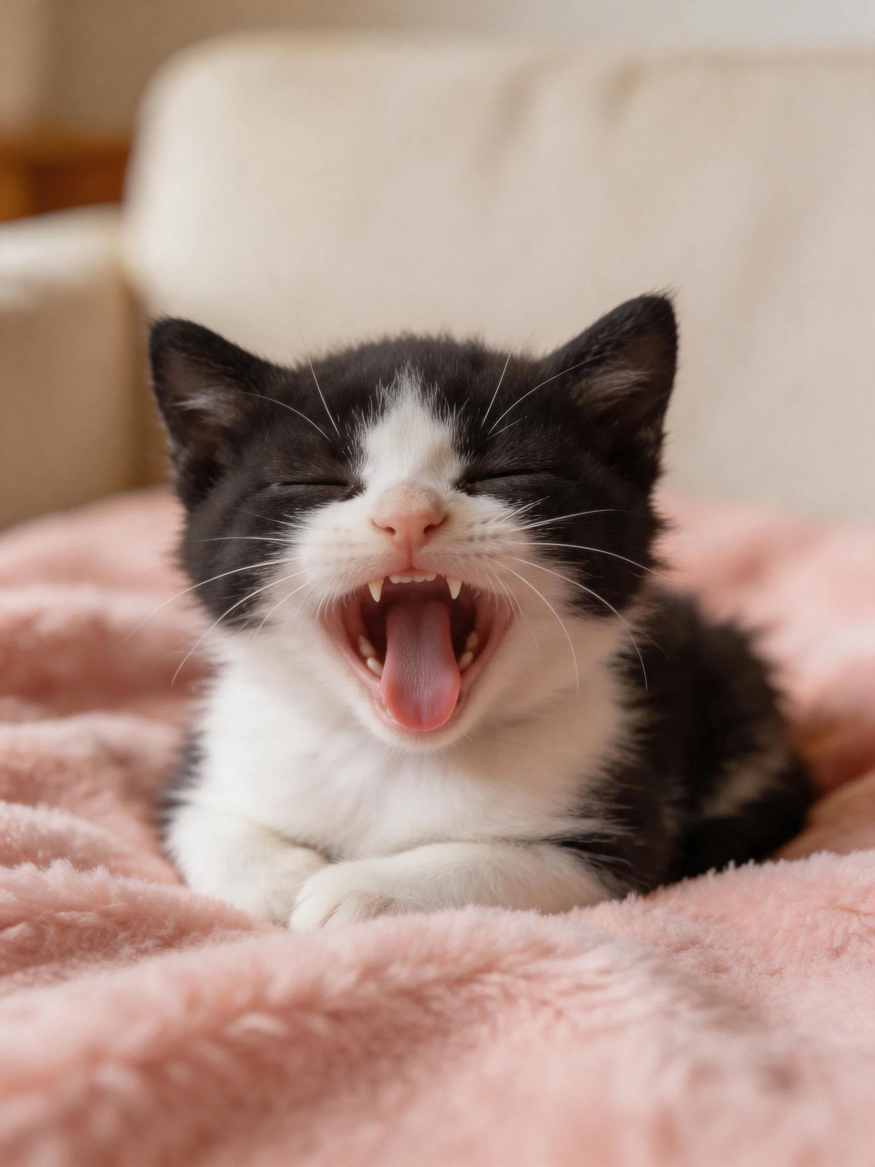 A black and white kitten yawning on a soft pink blanket with a beige couch