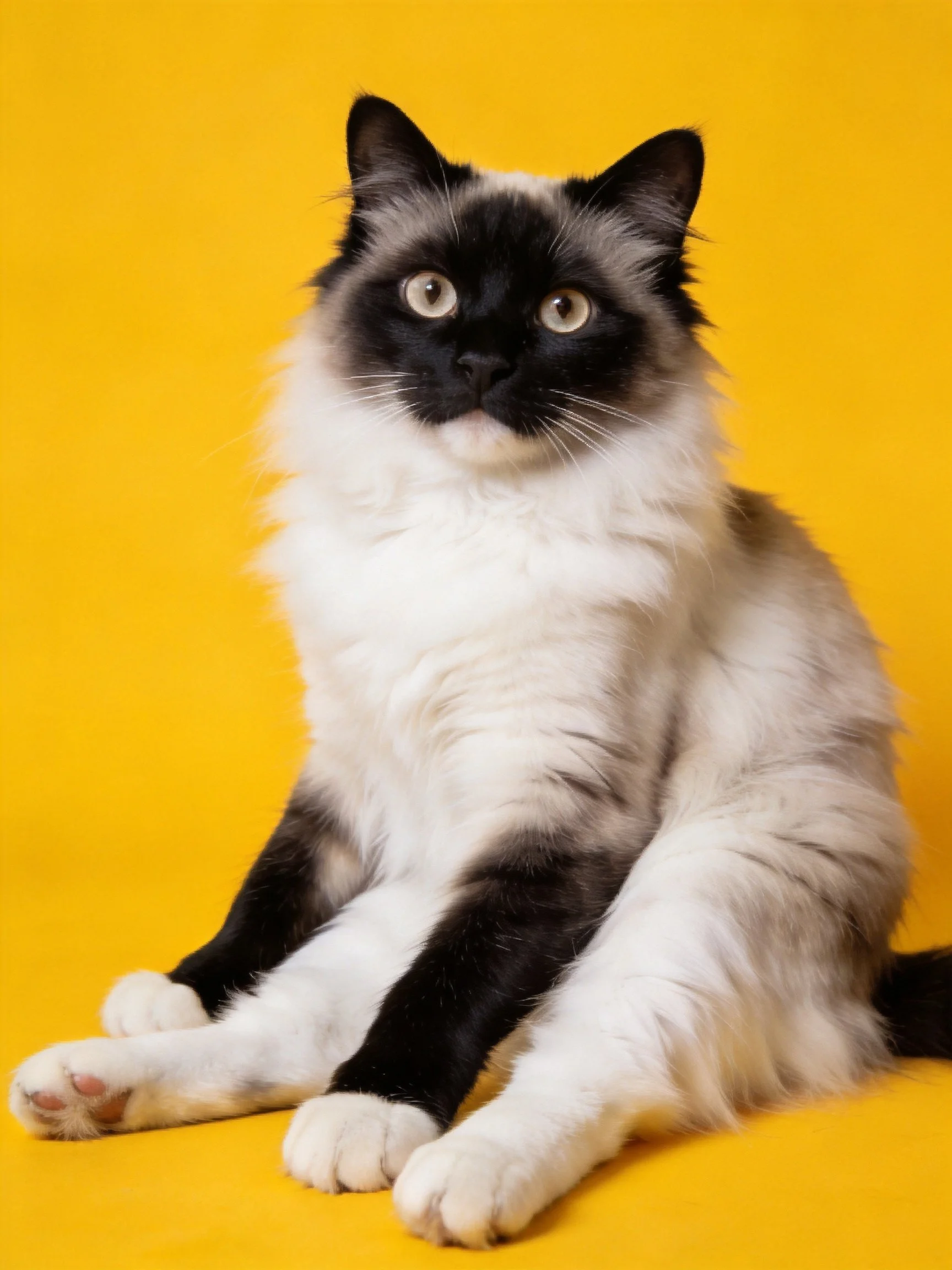 A black-and-white long-haired cat sits against a vibrant yellow backdrop