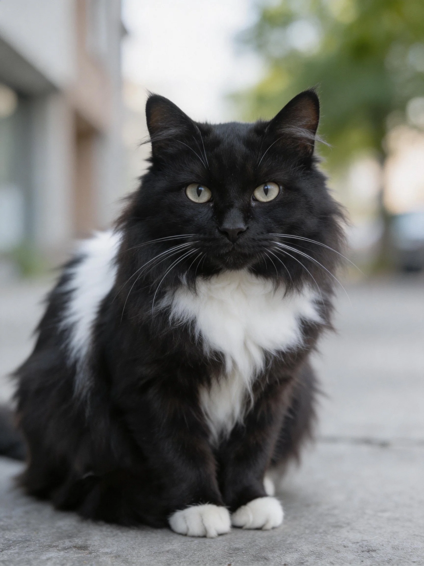 A black and white long-haired cat sits on pavement