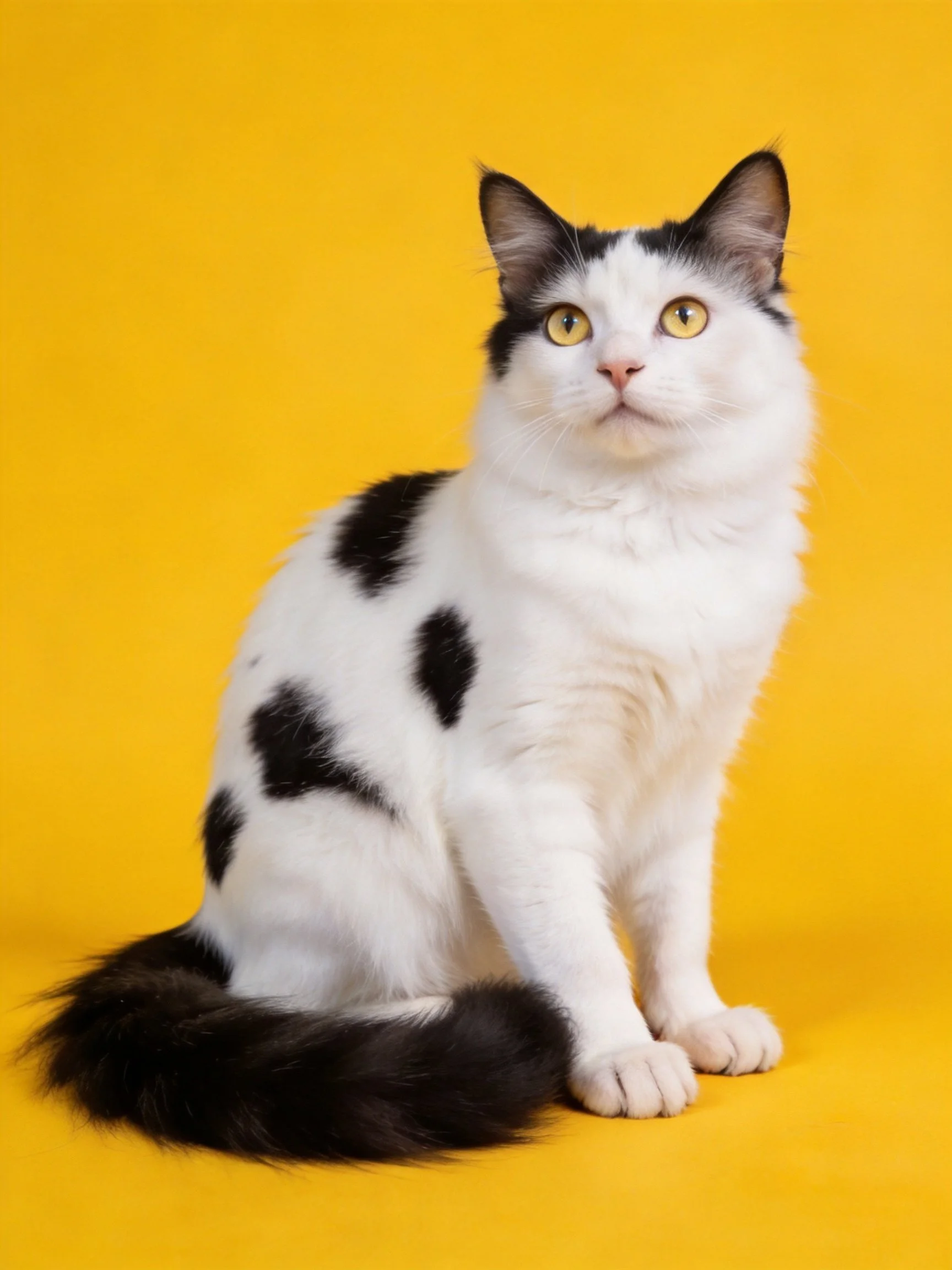 A black and white spotted cat sits calmly against a bright yellowbackground.