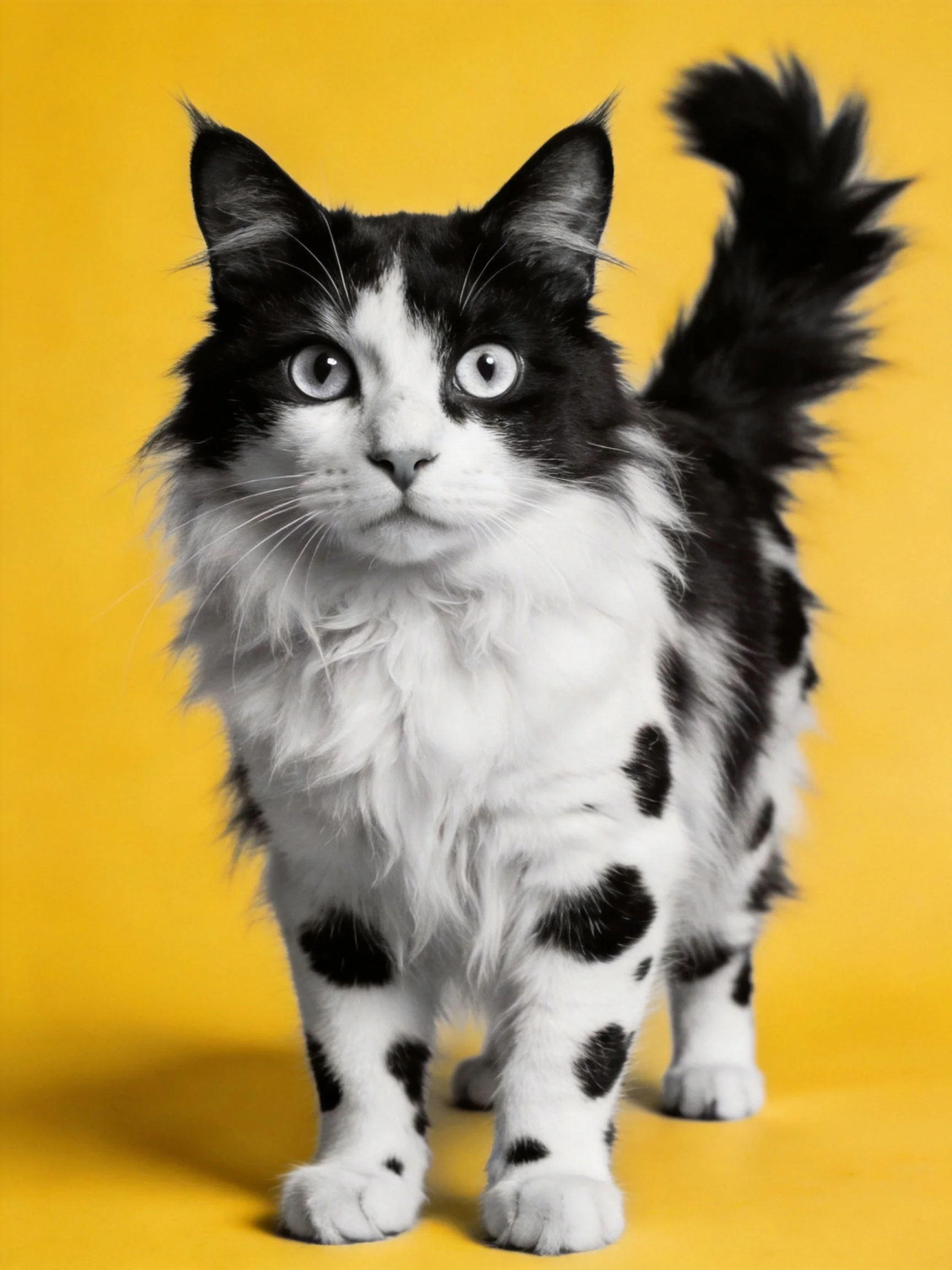 A black - and - white spotted cat stands against a vivid yellow backdrop