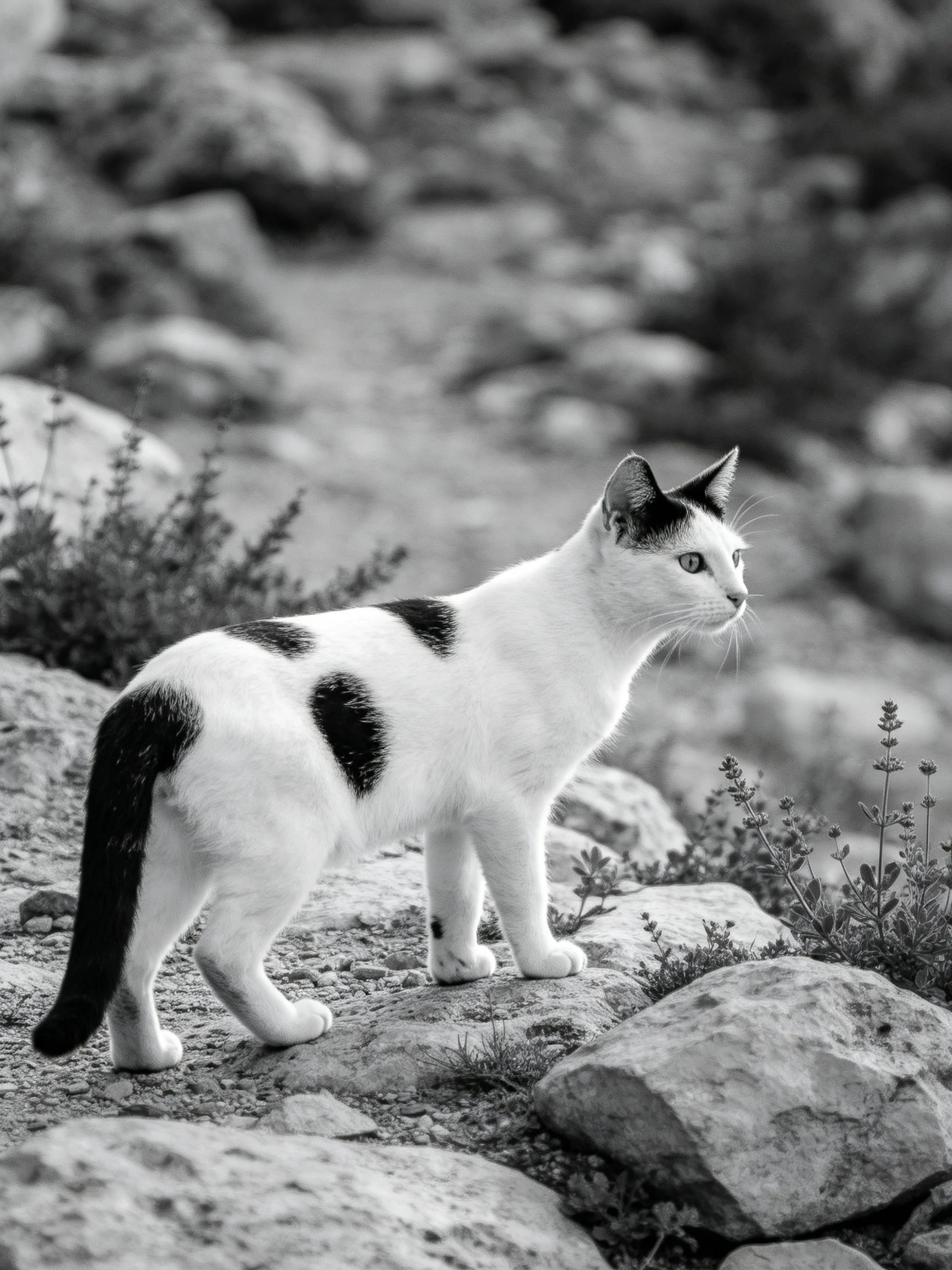 A black - and - white spotted cat stands on rocky terrain near plants