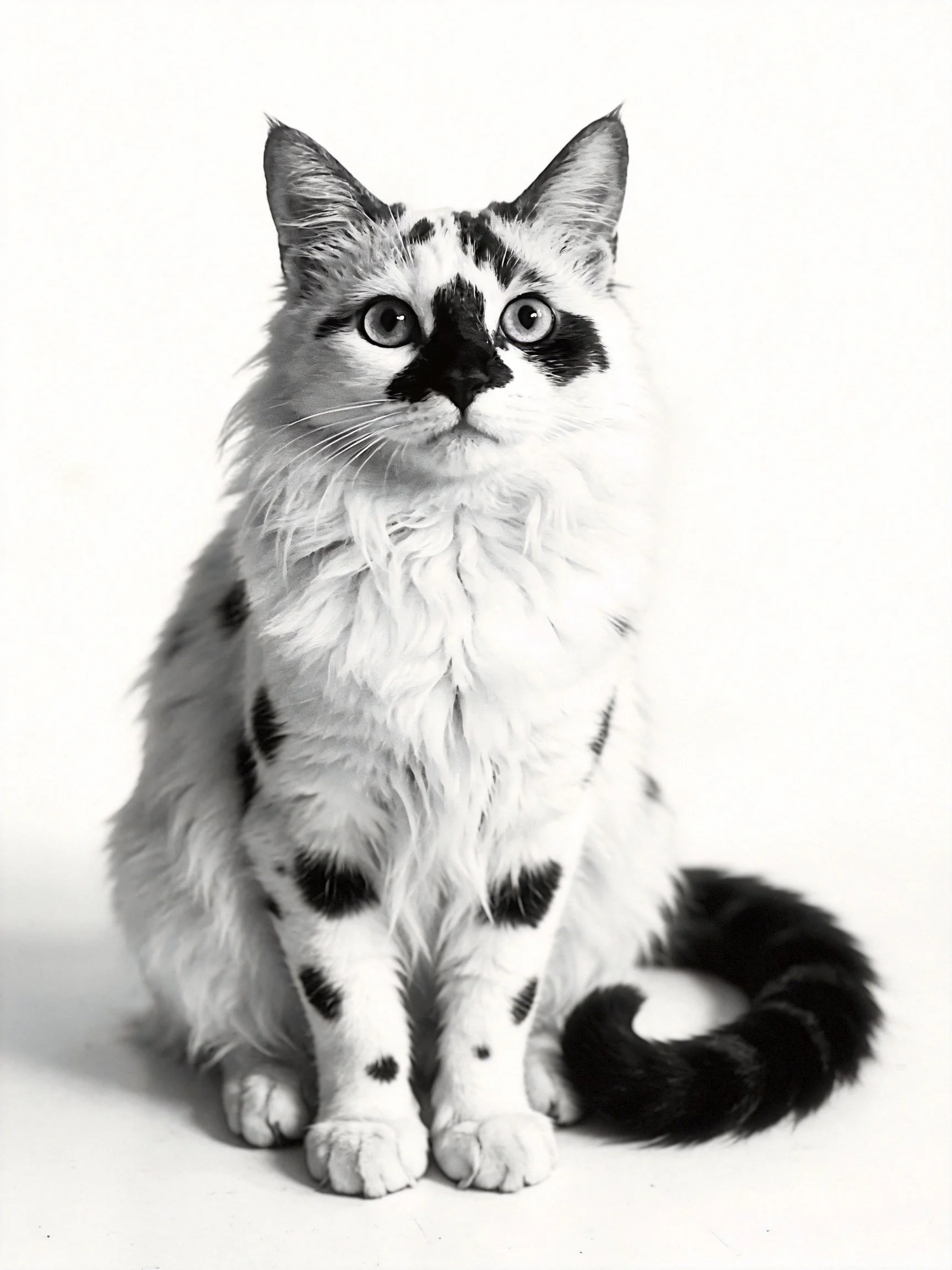 A black and white spotted cat with long, fluffy fur sitting upright