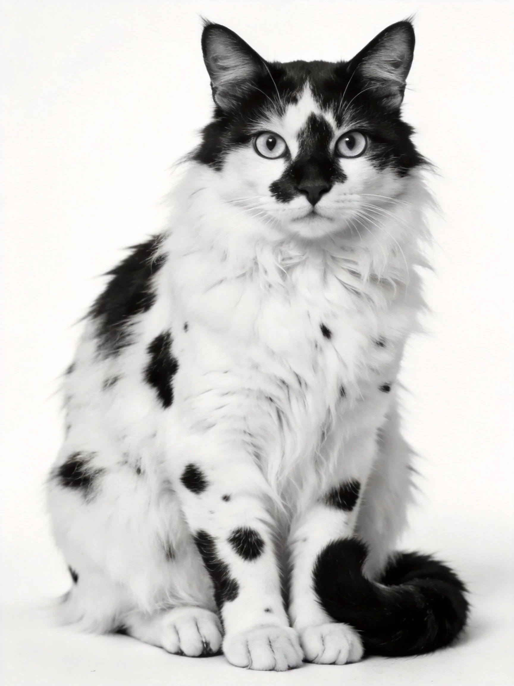 A black and white spotted long-haired cat posed against a plain backdrop