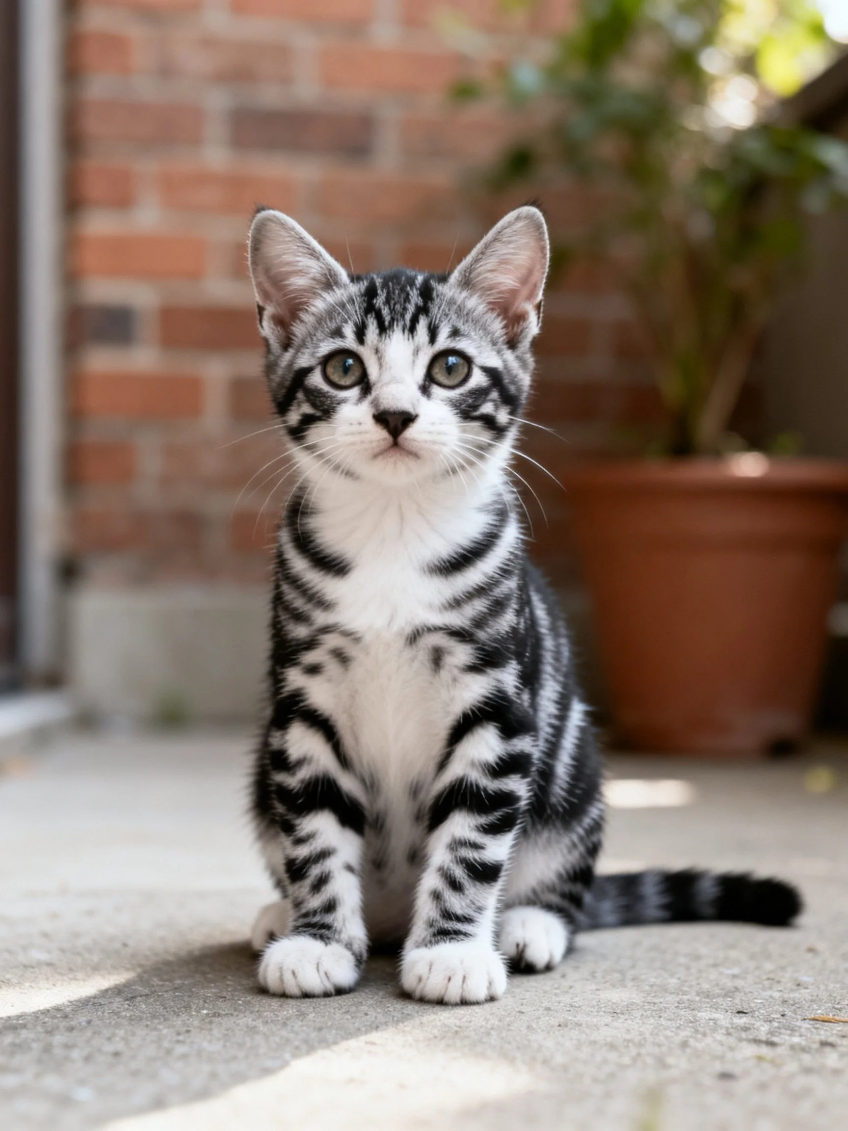 A black and white striped kitten sits near a brick wall and potted plant.