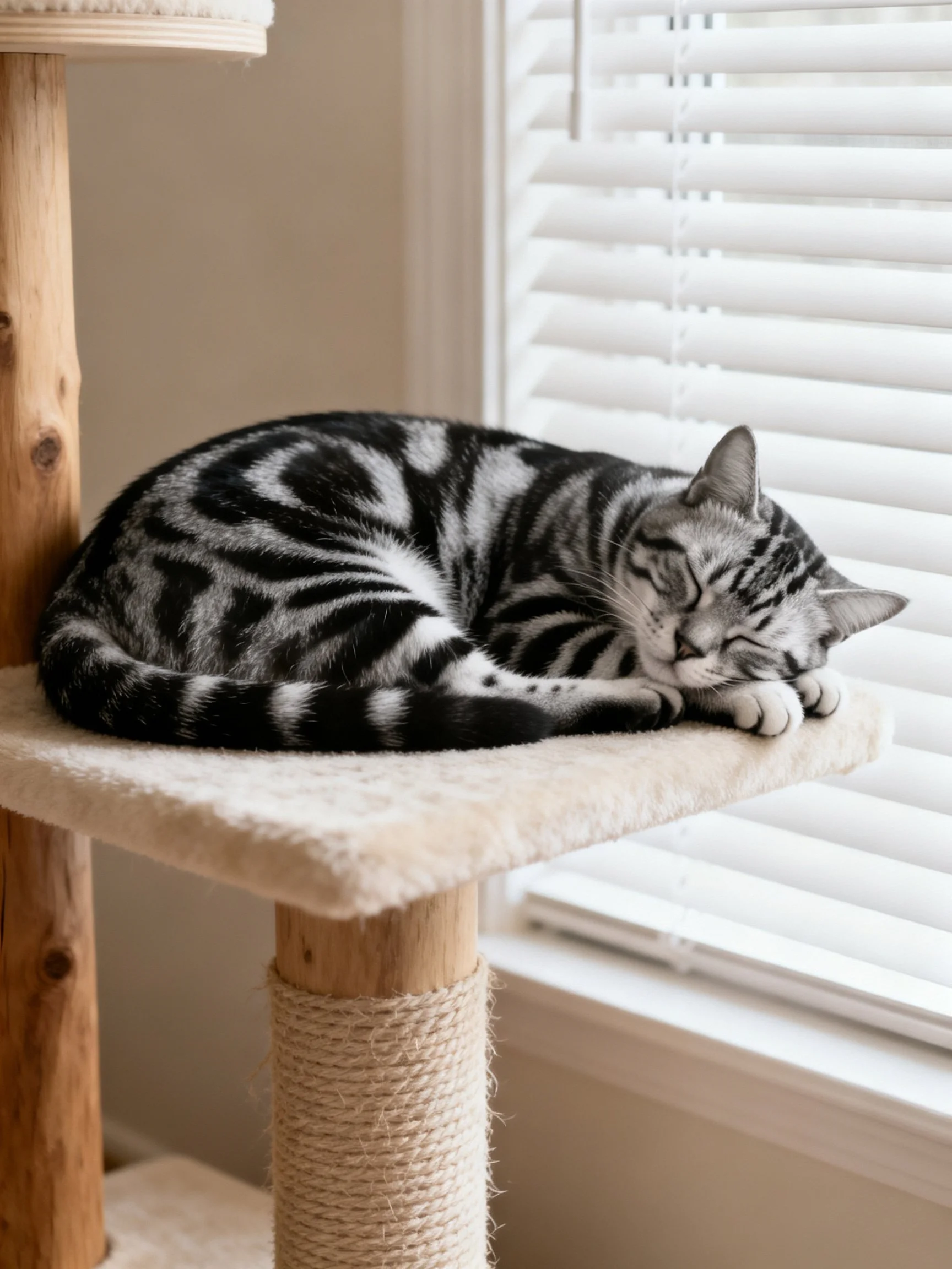 A black and white tabby cat curls up on a beige cat tree near window blinds