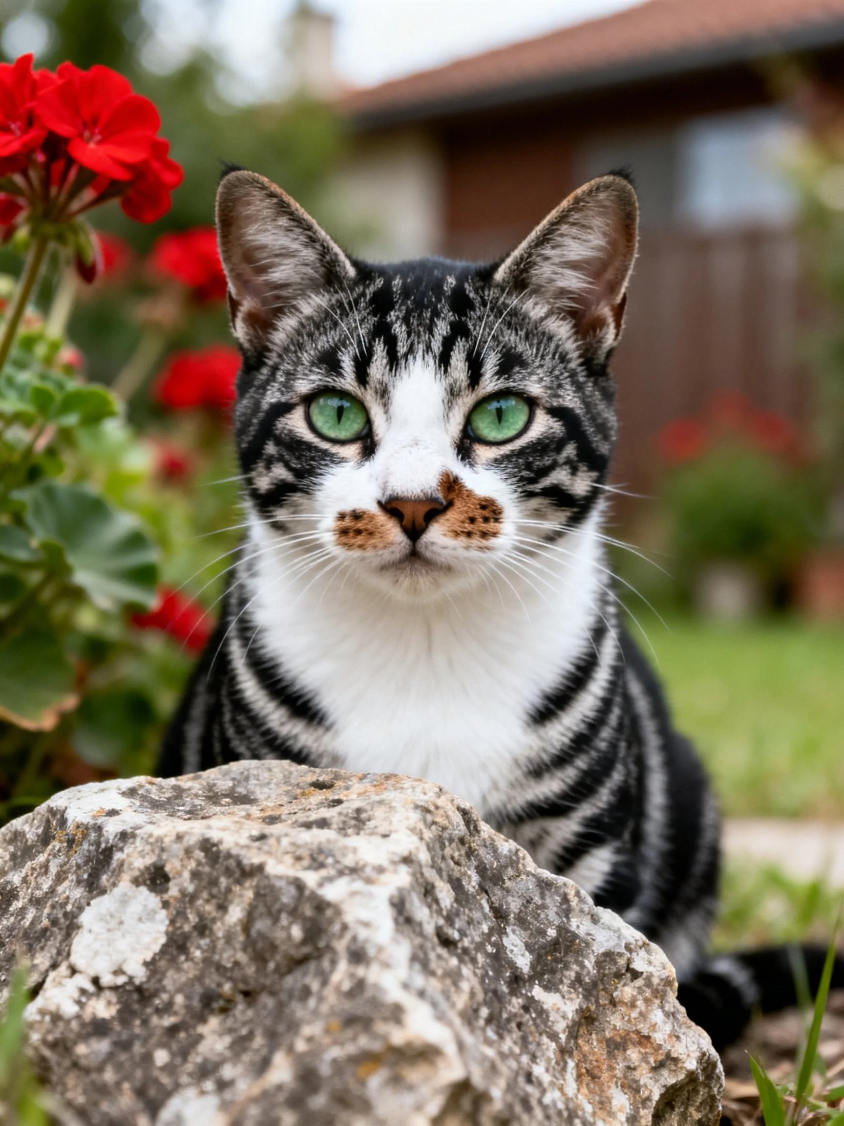 A black-and-white tabby cat near bright red flowers and a large rock