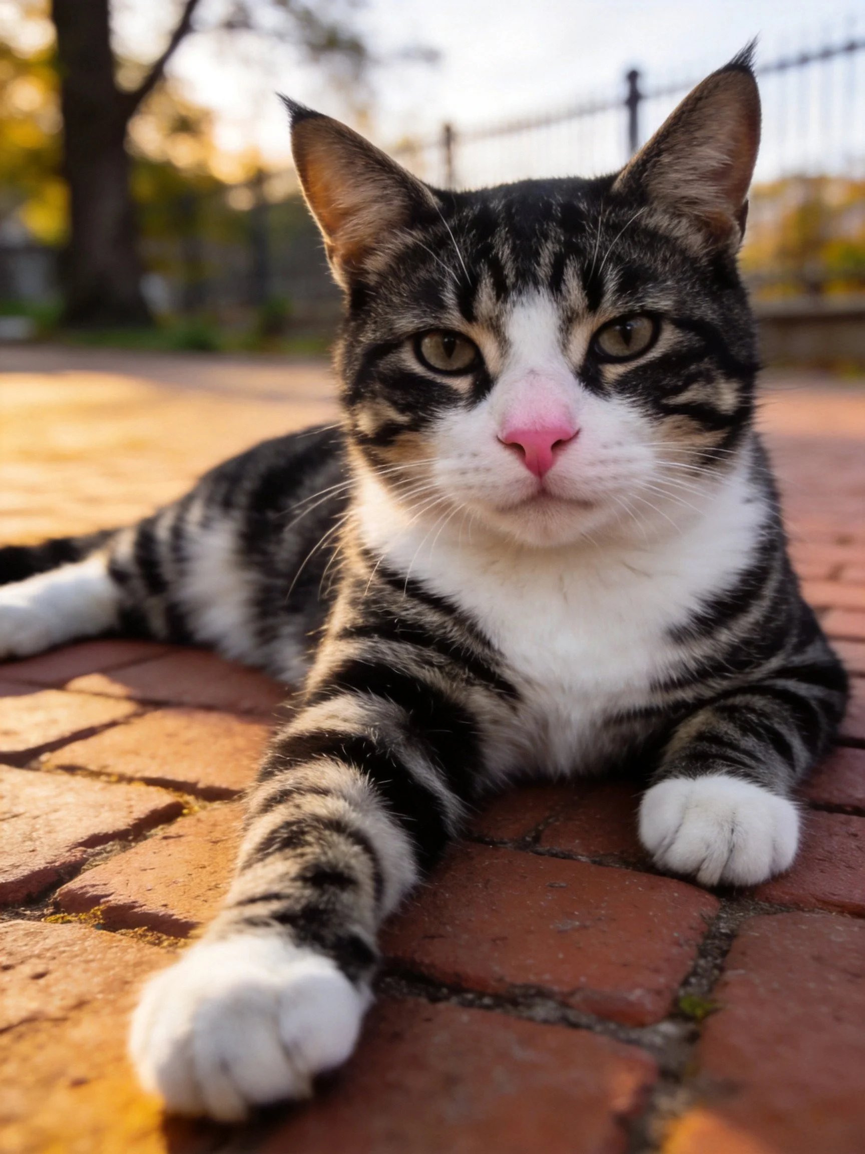A black-and-white tabby cat rests on a brick patio