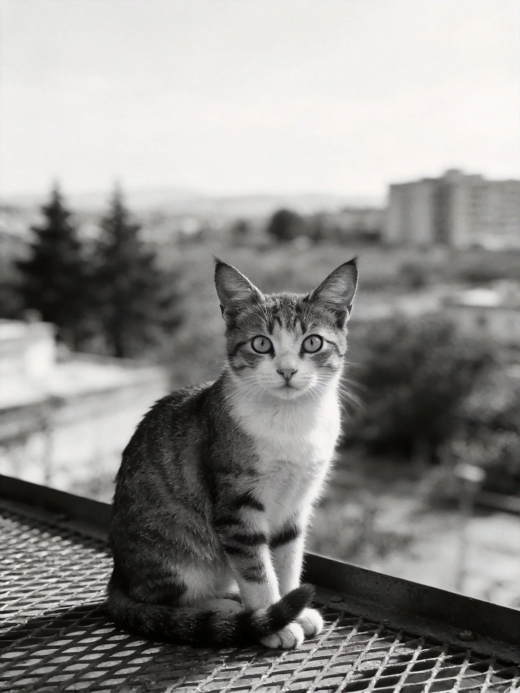 A black - and - white tabby cat sits on a metal grate with a blurred city backdrop.