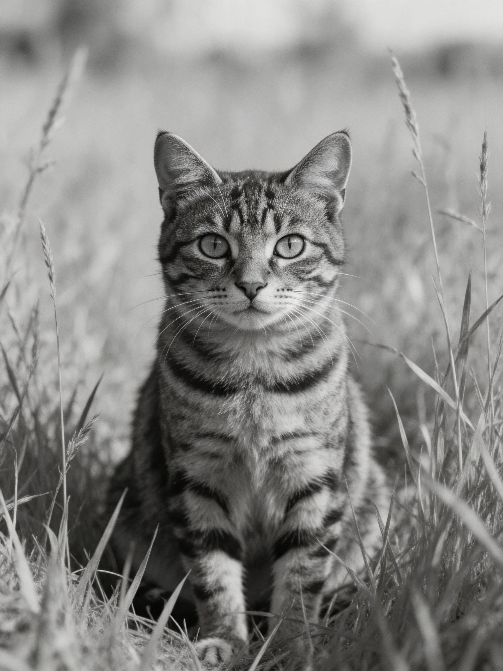 A black - and - white tabby cat sitting among tall grass blades