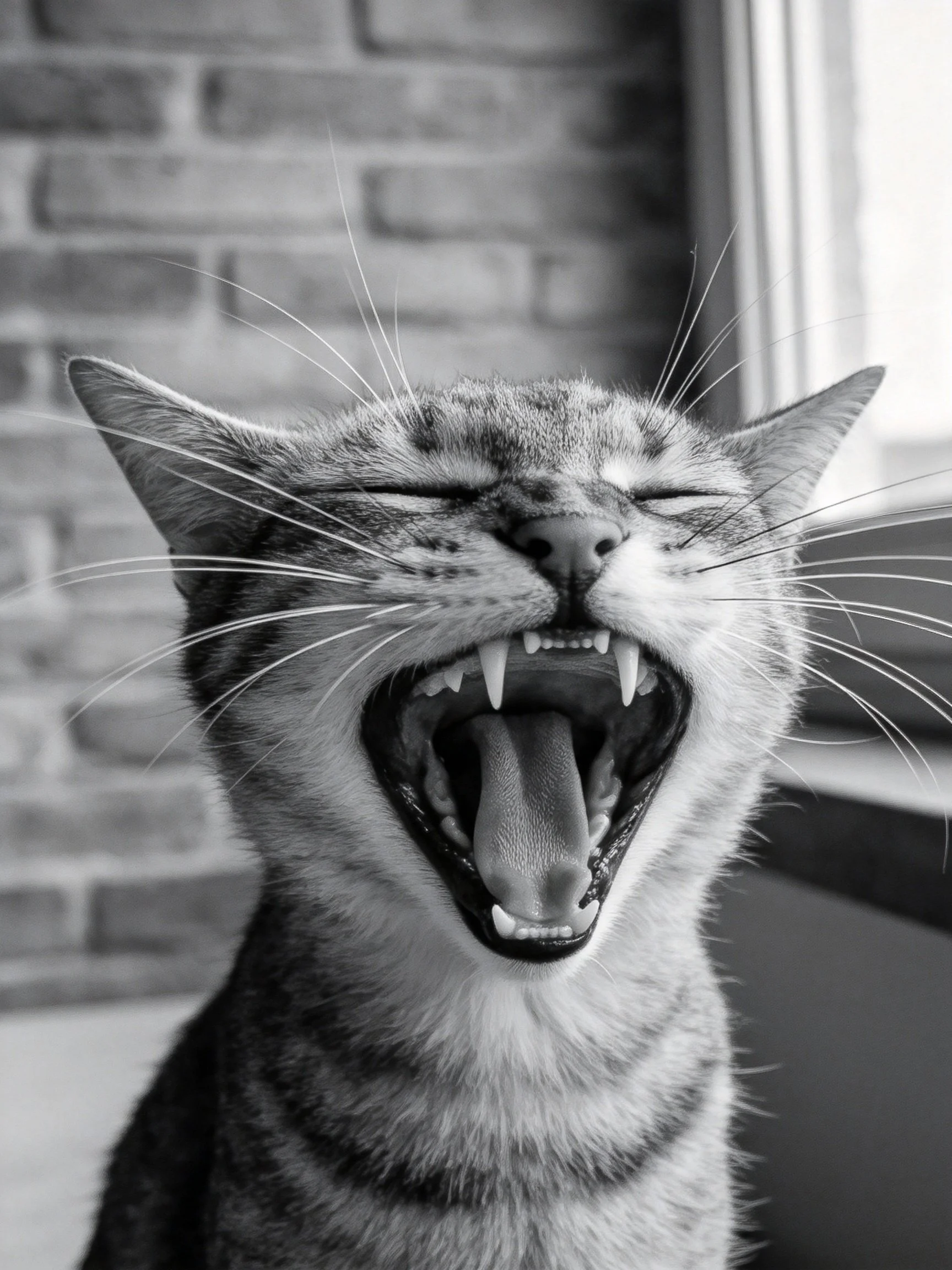 A black - and - white tabby cat yawning near a textured brick wall
