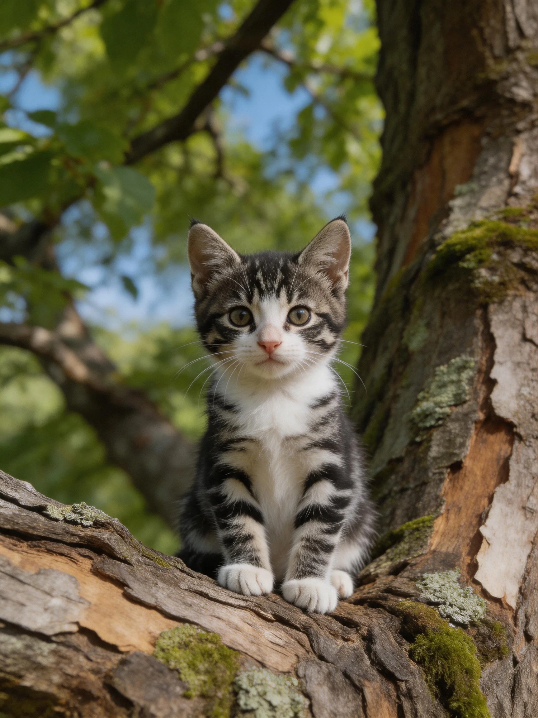 A young tabby kitten sits on a textured tree limb amid leafy surroundings.