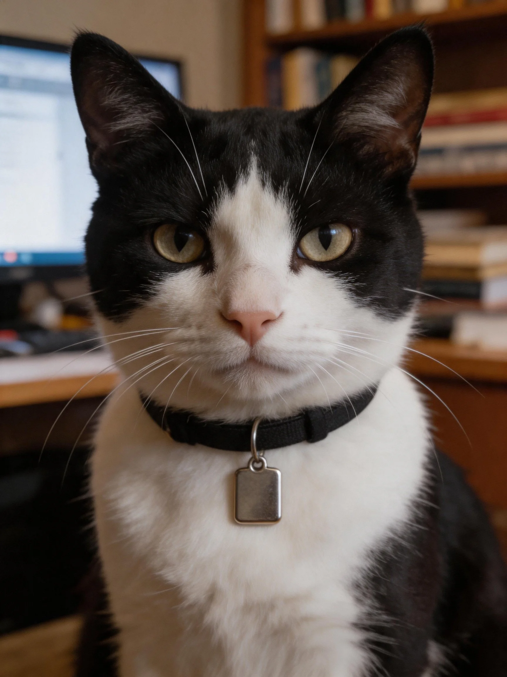 A black and white tuxedo cat with a collar near bookshelves