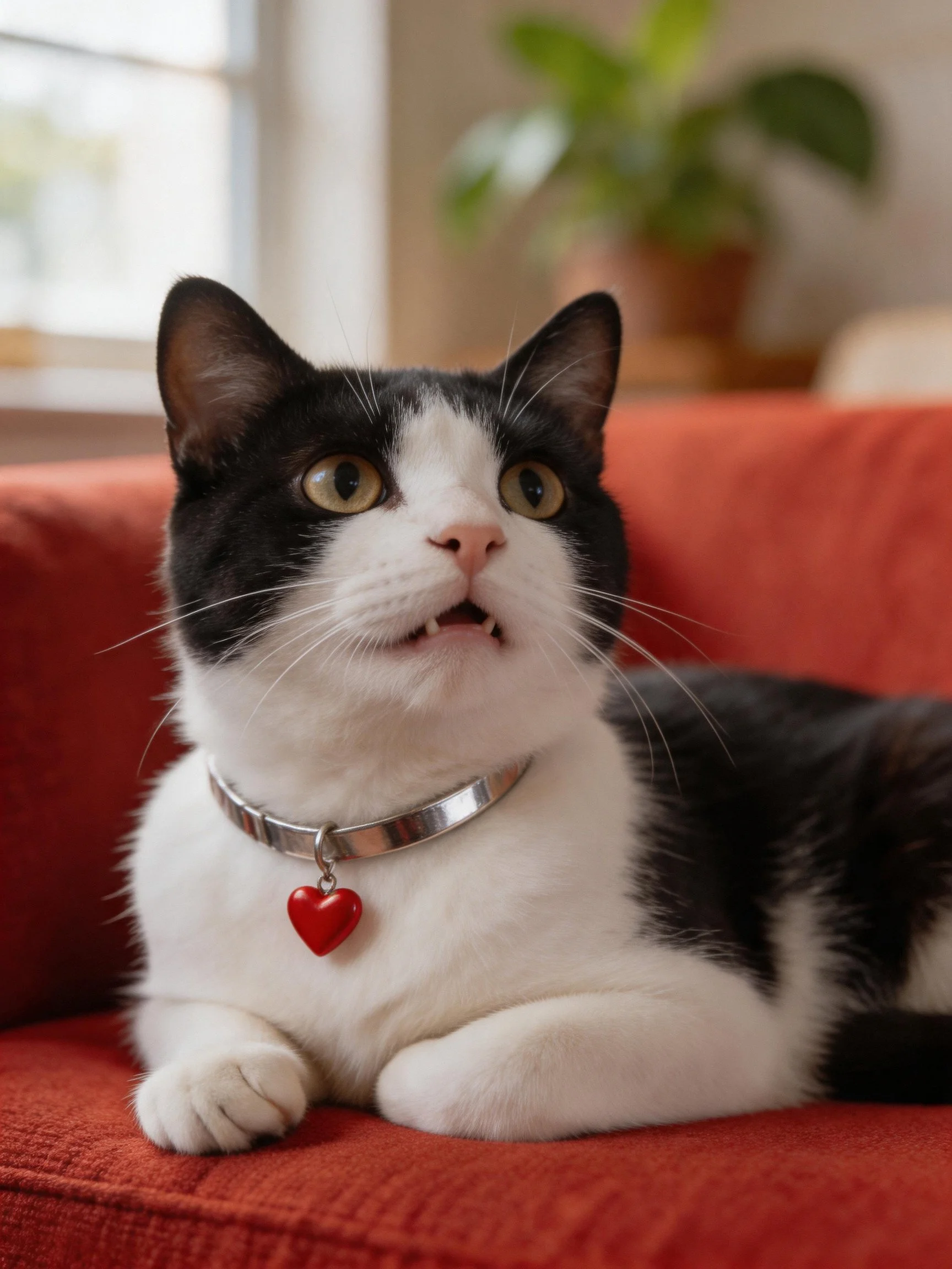 A black - and - whitecat rests on a red couch with a silver collar