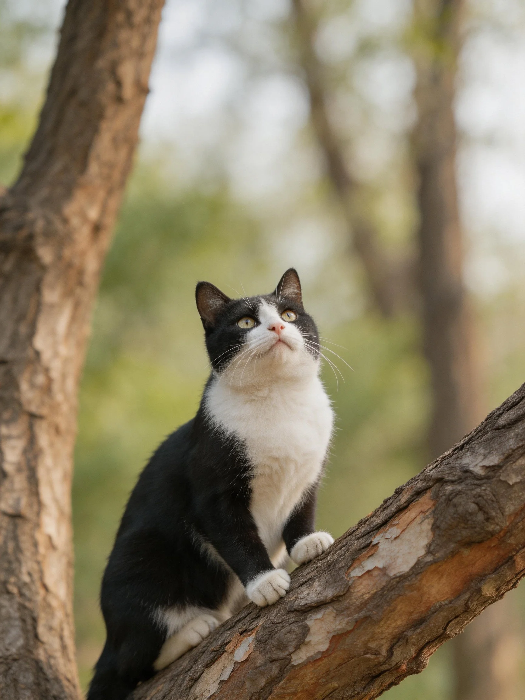 A black andwhite cat perched on a textured tree branch