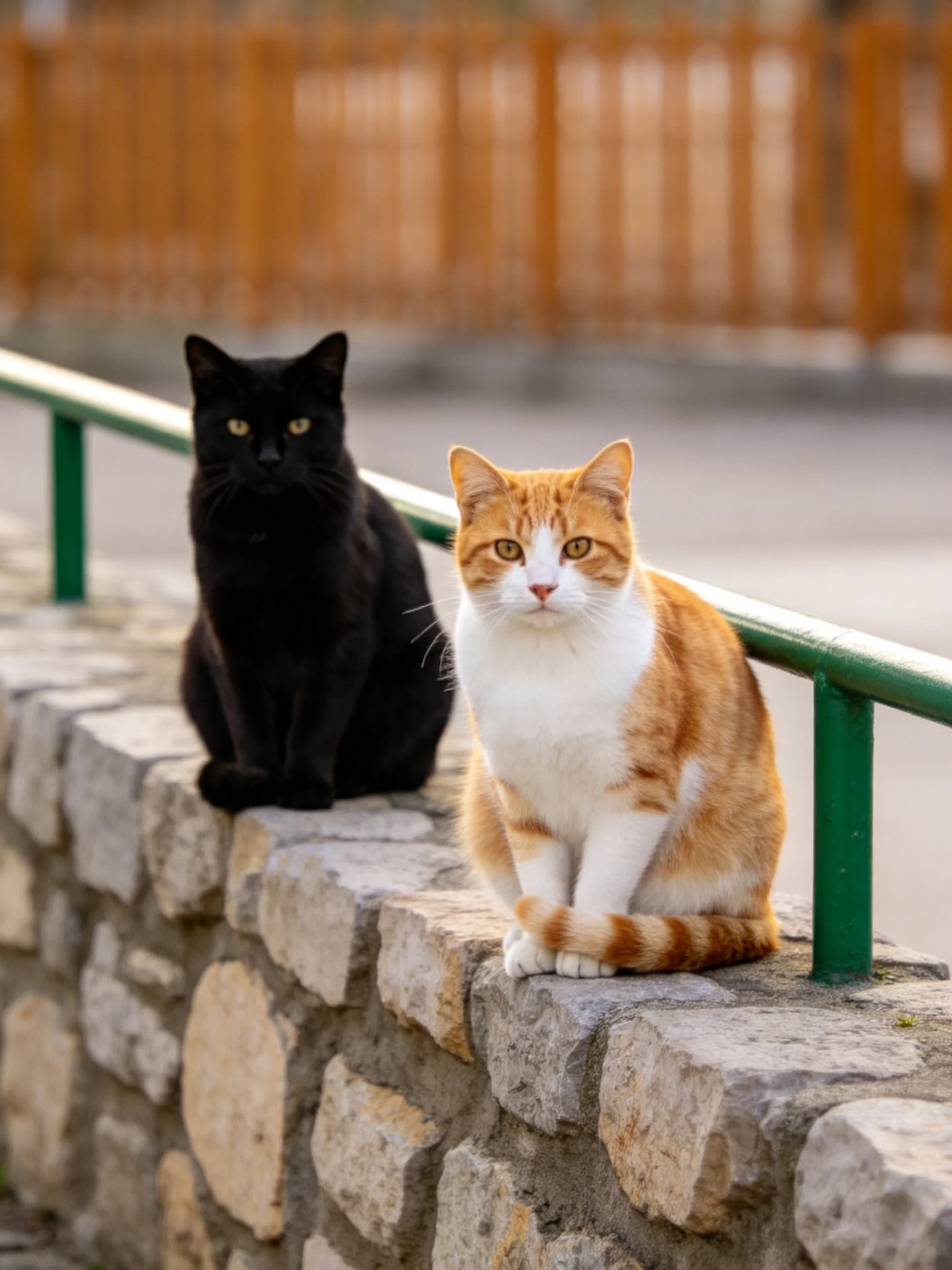 A black cat and an orange - and - white cat rest on a stone wall beside a green railing