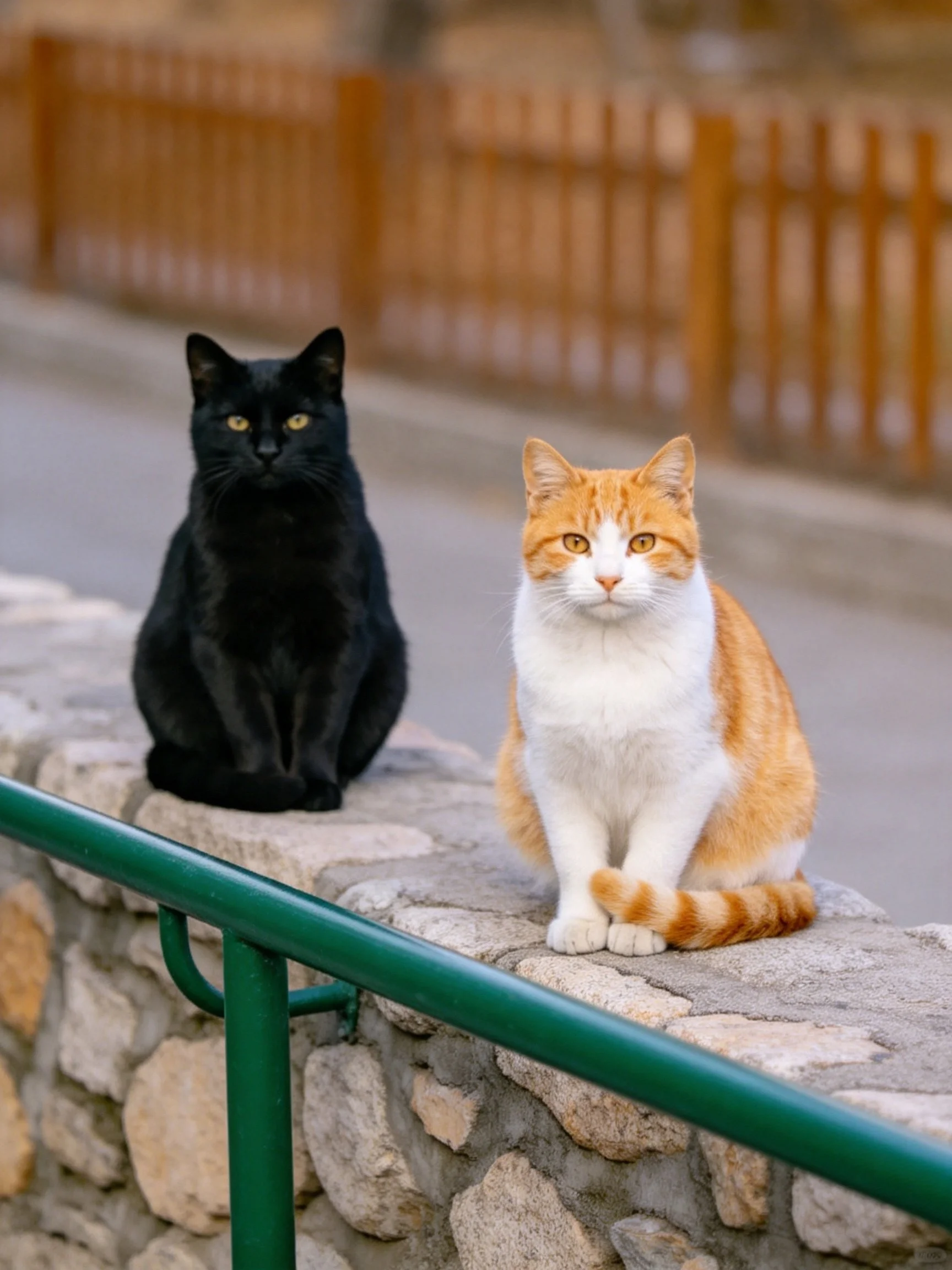 Two cats of different colors sit together on a stone ledge outside.