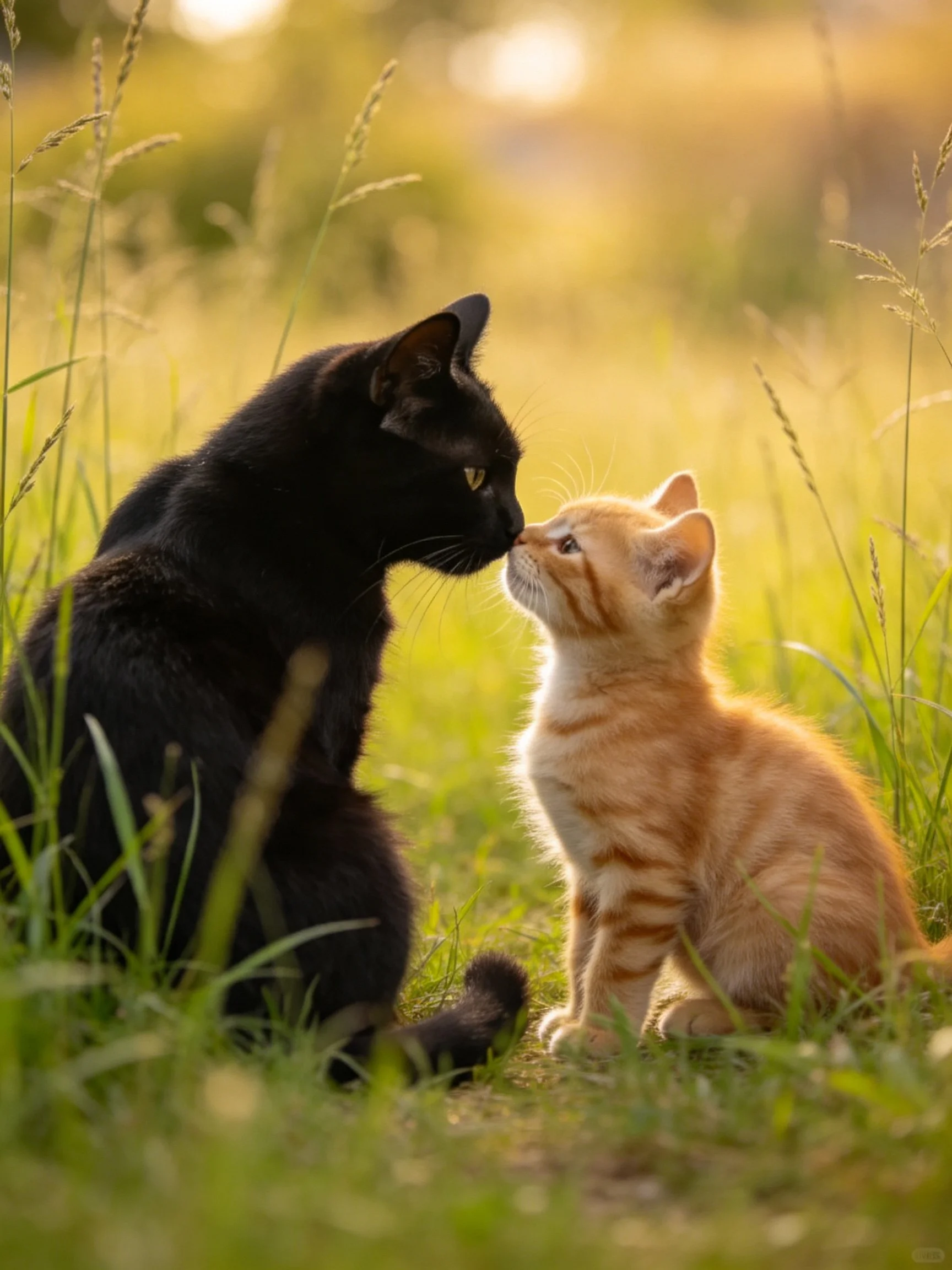 A black cat and orange kitten interact in sunlit tall grass