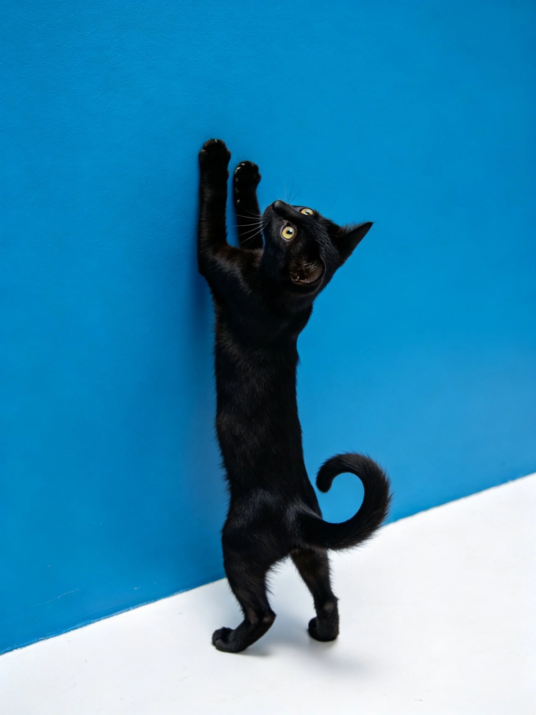 A black cat climbing against a bright blue wall with a white base