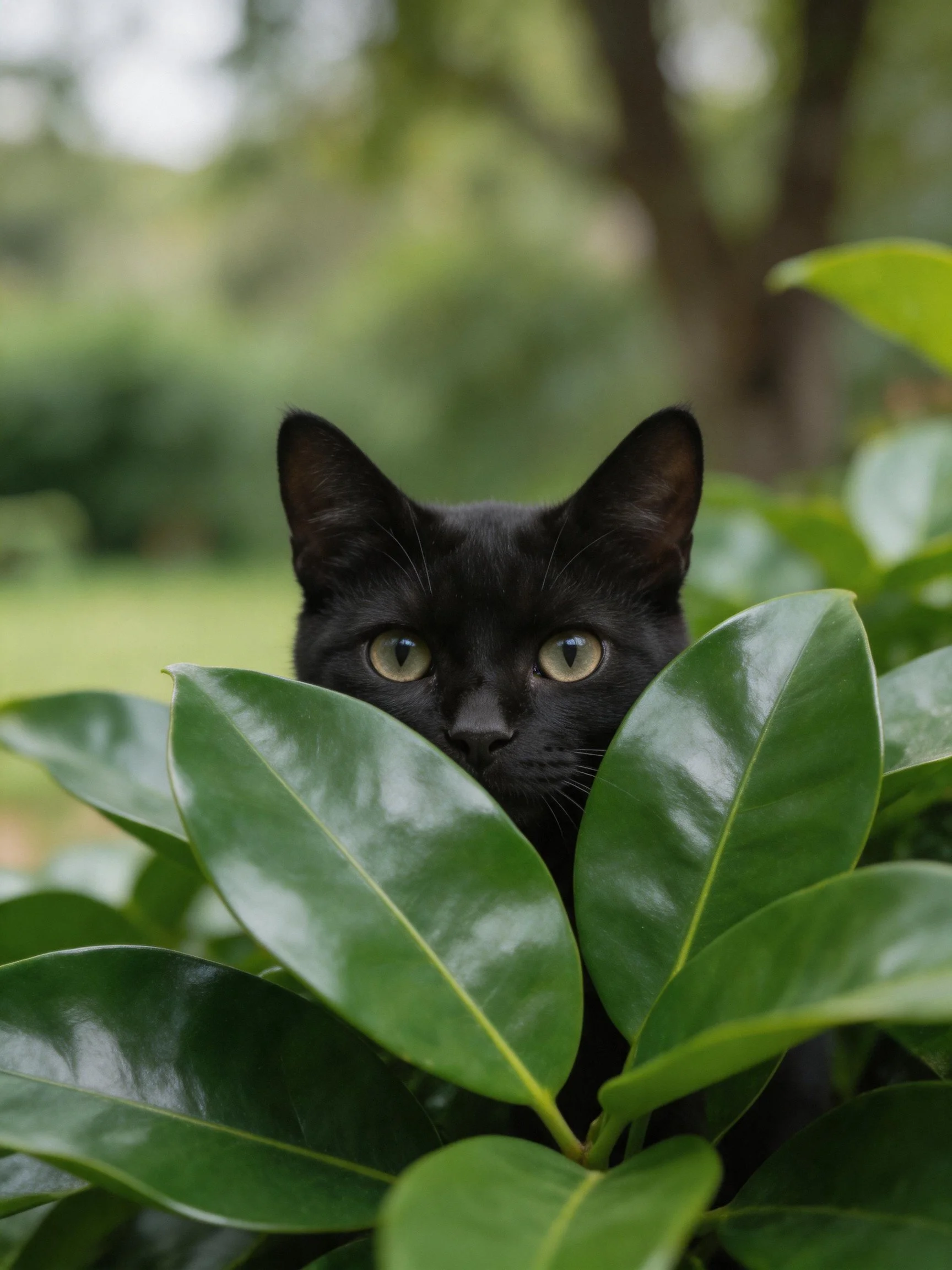 A black cat hides among glossy green leaves in a verdant outdoor space