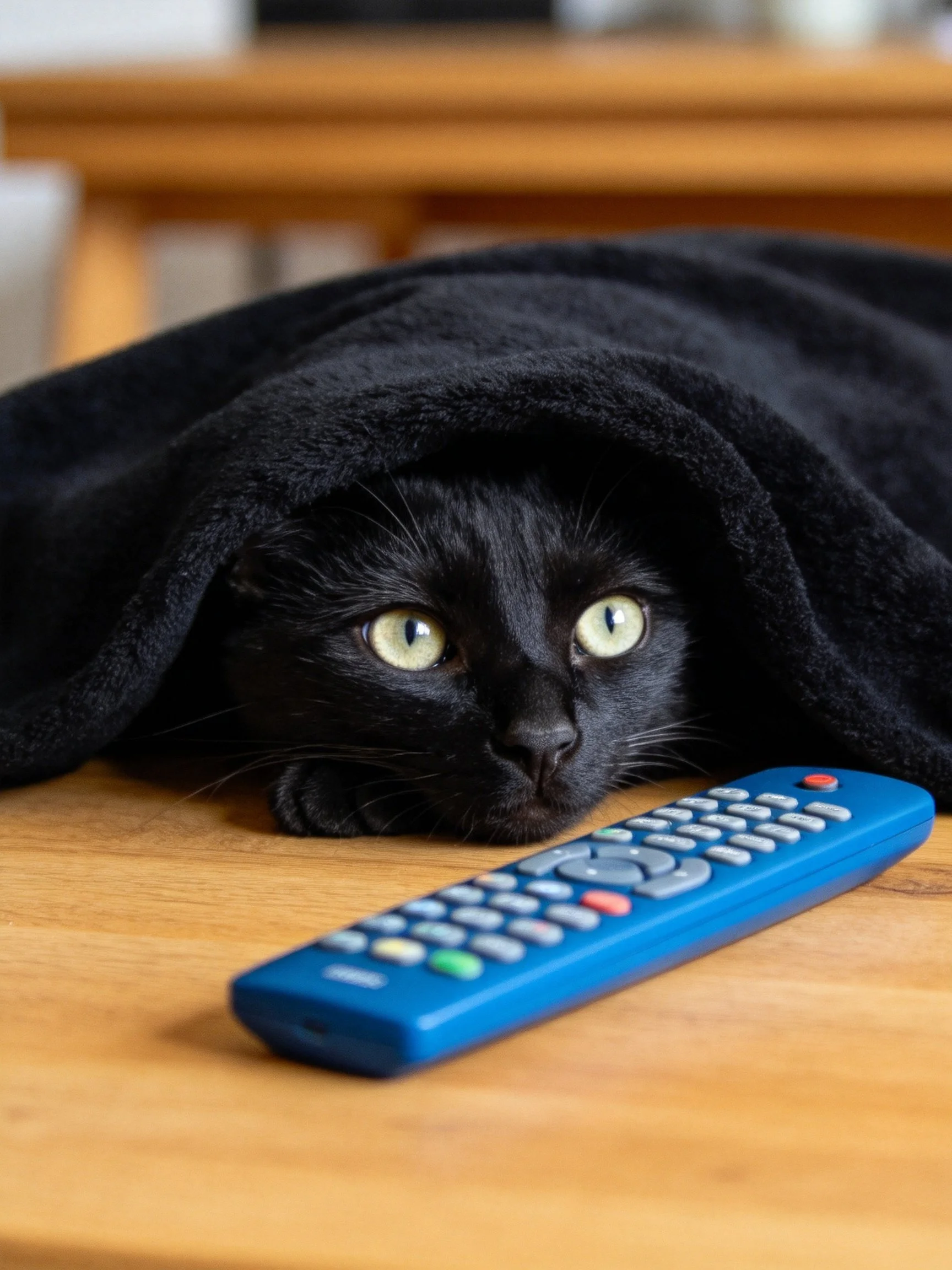 A black cat hides under a dark towel beside a blue remote control