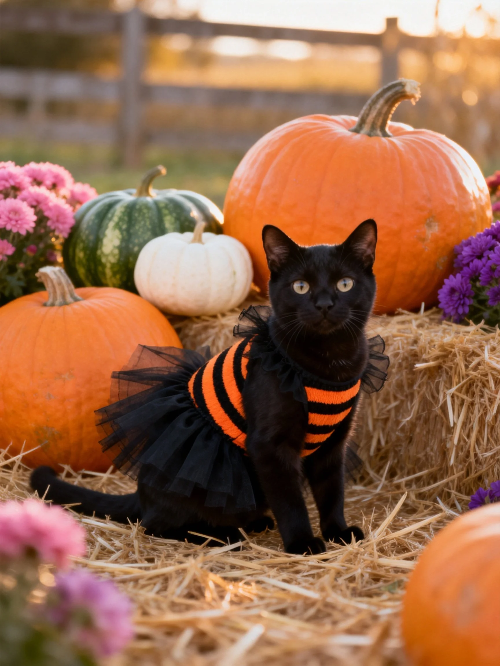 A black cat in a bee-striped dress sits among colorful pumpkins and hay bales