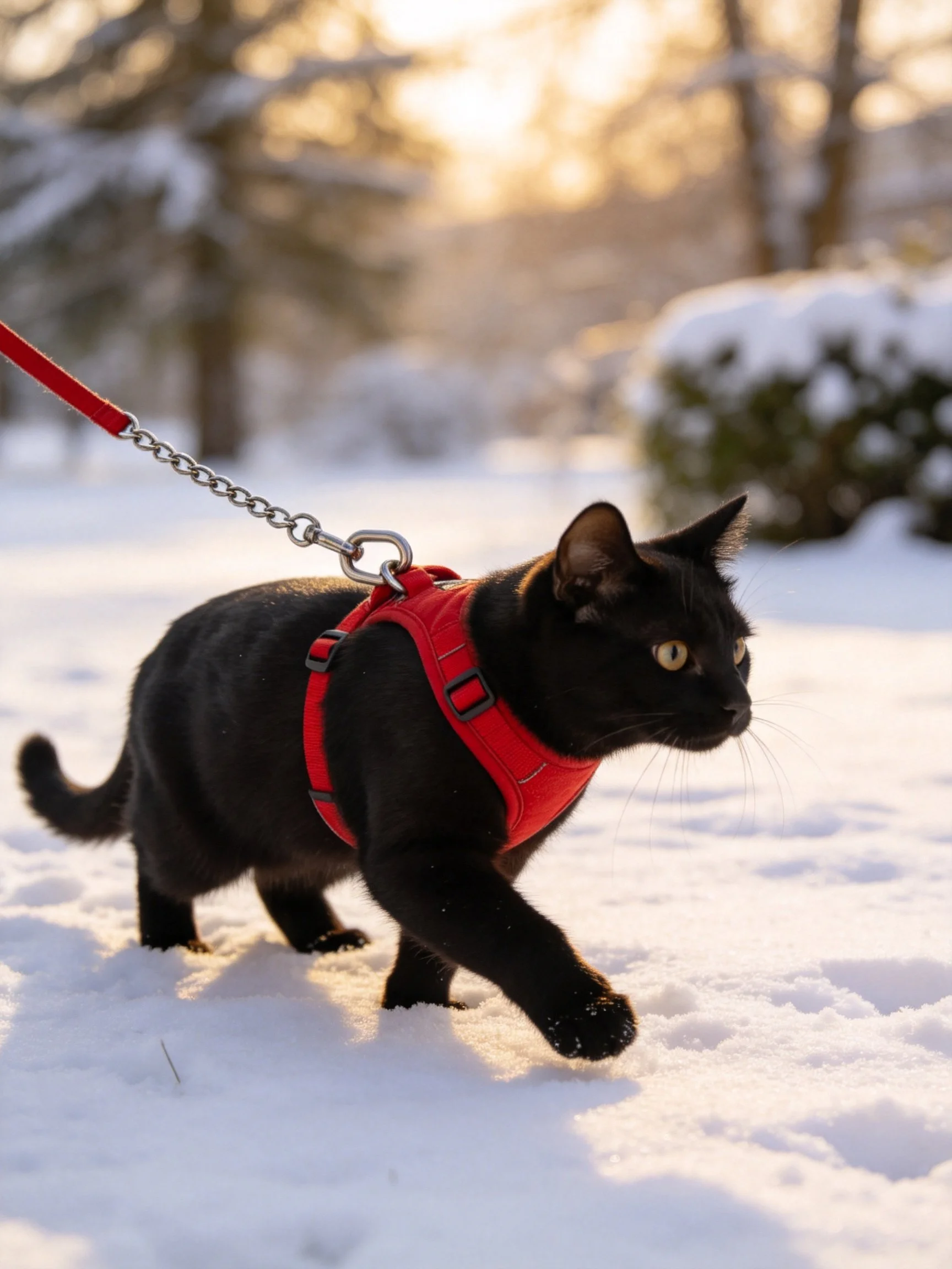 A black cat in a red harness walks through snowy terrain