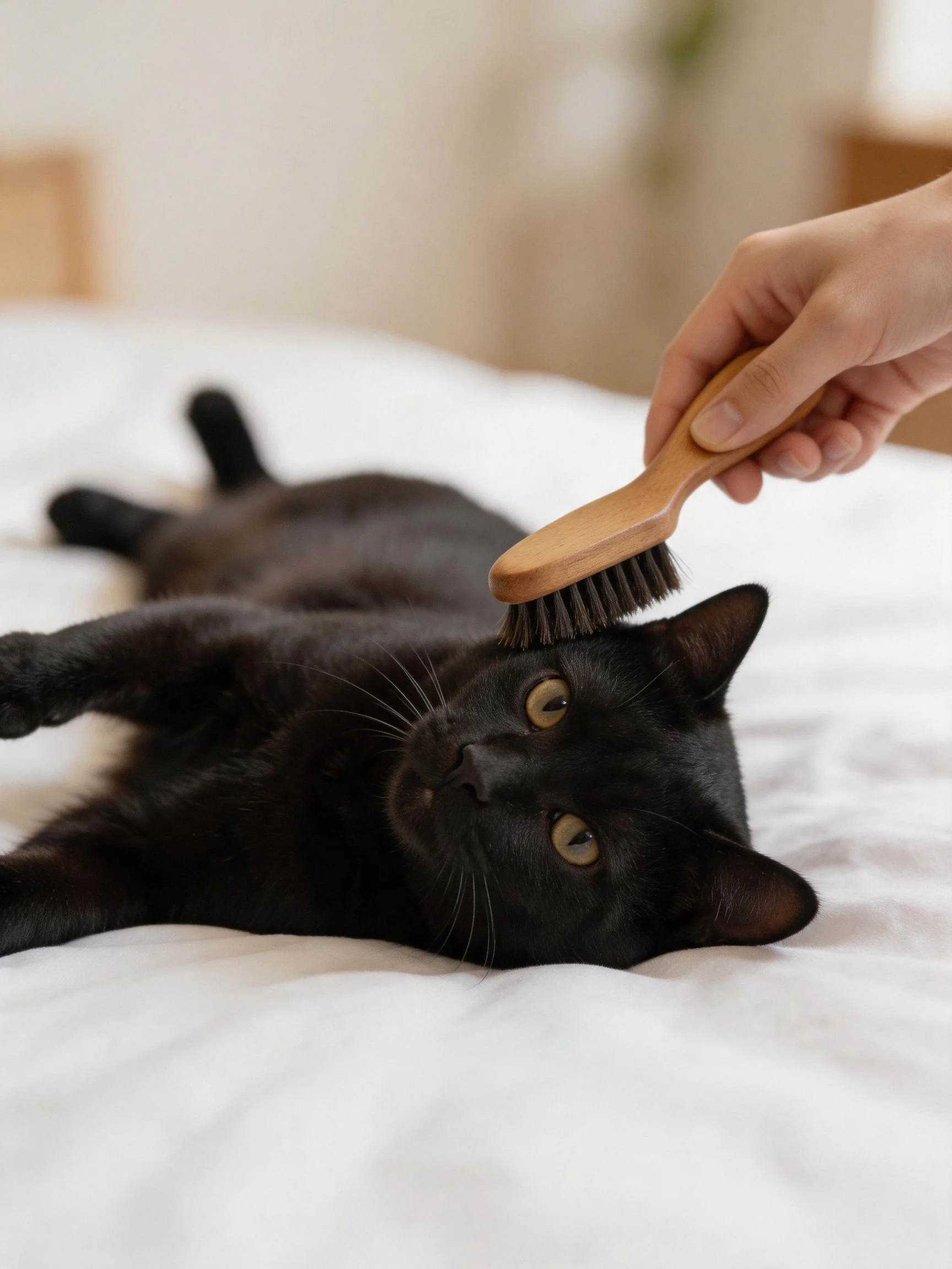 A black cat lies on a white bed while being brushed